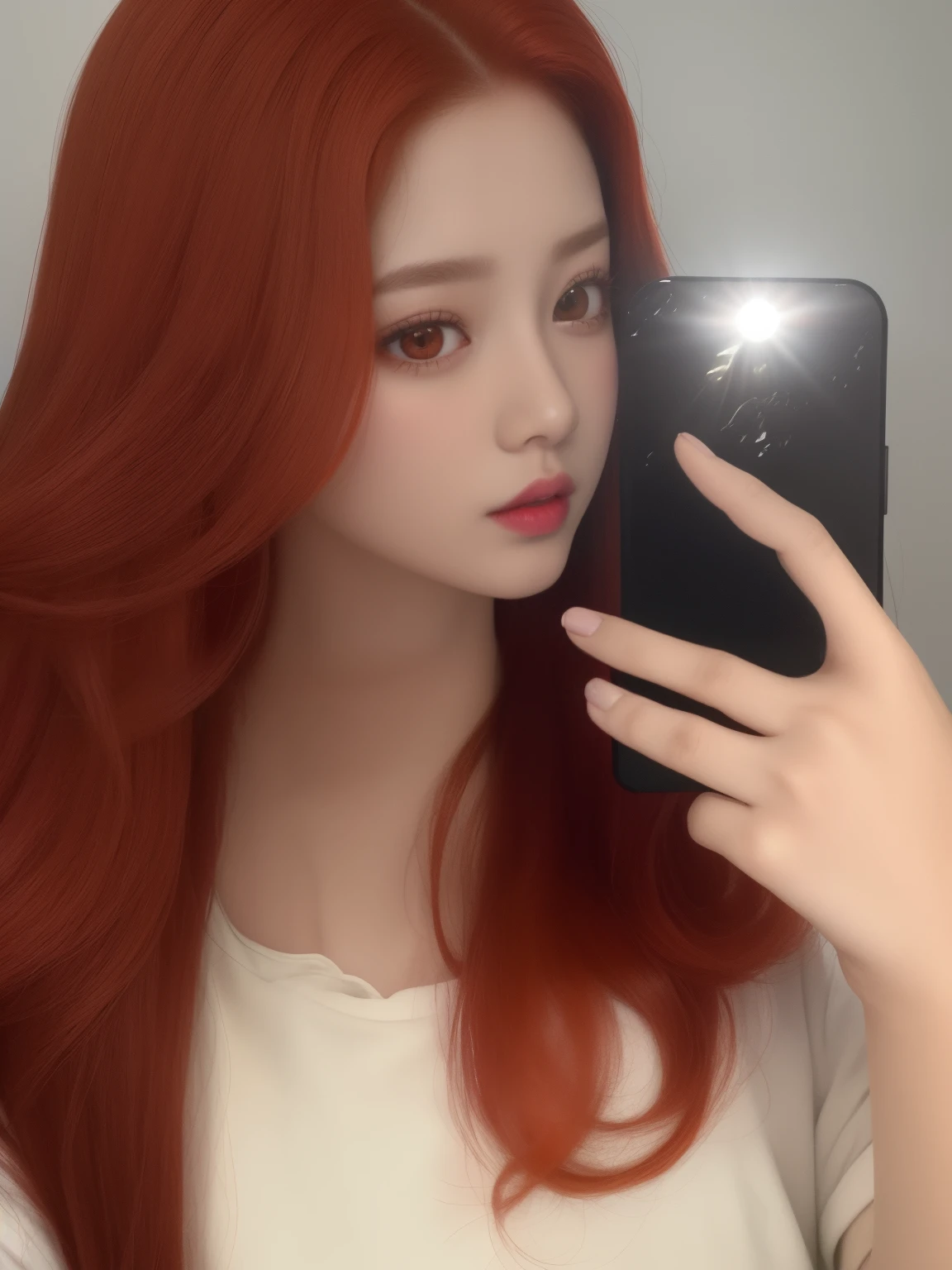 There's a woman taking a selfie with her cell phone, ulzzang, Ella tiene el pelo largo redorange, tzuyu de dos veces, Jinyoung Shin, she has long orange brown hair, Heonhwa Choe, Retrato Jisoo Blackpink, Jisoo de Blackpink, con el pelo rojo, Jisoo de Blackpink, Sun Yunjoo, Jaeyeon Nam, Bright crimson head