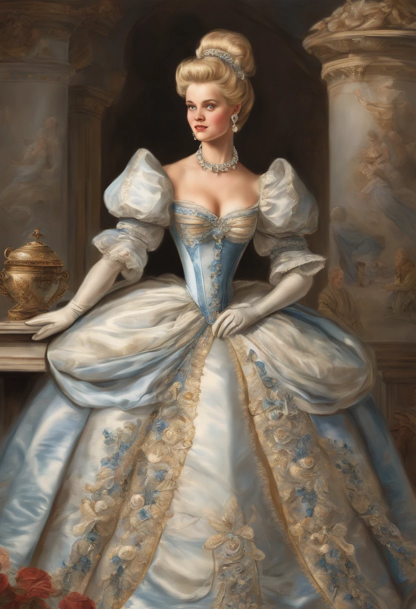 John Tenniel art, Formal and Official Coronation Portrait, Portrait of a stunningly beautiful young blonde Reese Witherspoon as a Queen wearing A Stately and Elaborate Royal Cinderella Court Gown with (((enormous puffed sleeves))), an hourglass waist, and a (((huge crinoline hoopskirt))) adorned with bows, embroidery, and jewels, long white gloves, pearl necklace and earrings