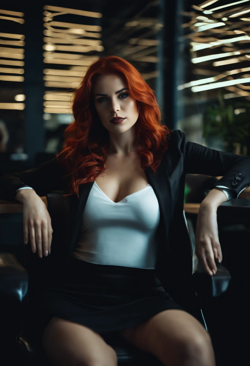 girl in office, sitting in chair, legs up in desk, red hair, pony tail, busty, c cup, cyberpunk theme, cleveage, white blouse, short black skirt, black jacket, neon lights
