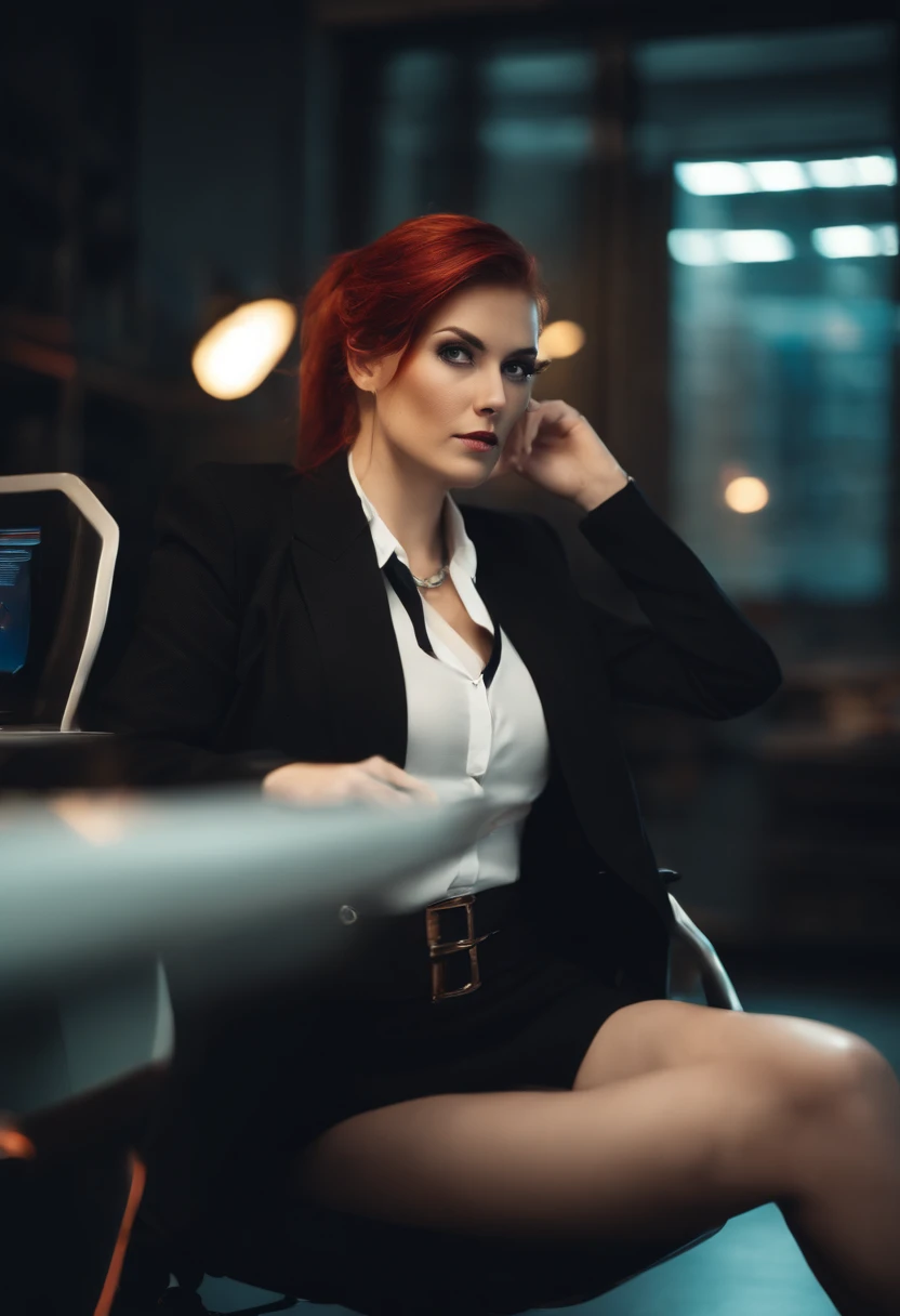 girl in office, sitting in chair, legs up in desk, red hair, pony tail, busty, c cup, cyberpunk theme, cleveage, white blouse, short black skirt, black jacket, neon lights