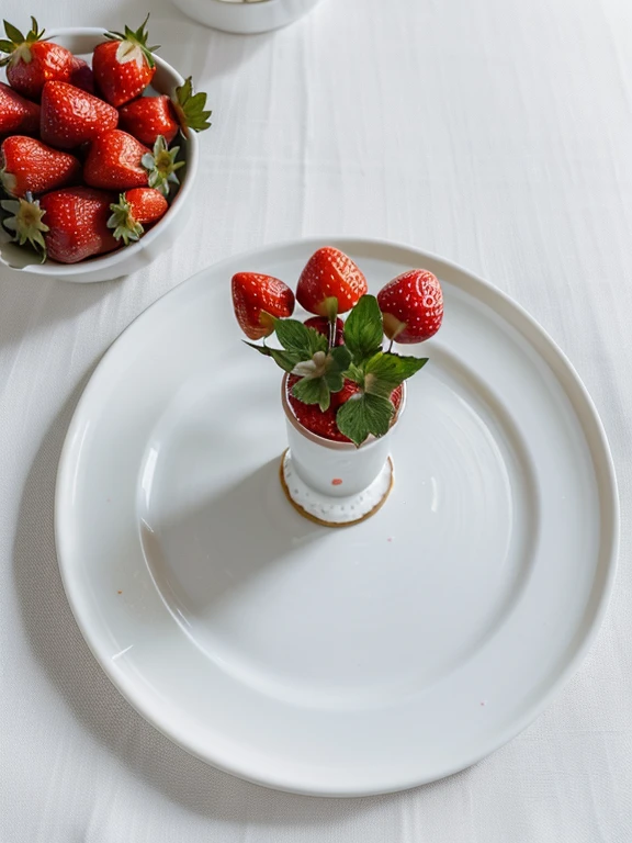 there is a candle and some strawberries on the plate, From flowers and berries, high quality product photography, product photography, Flatley, Flat stacking, Stylized Food Photography, jovana rikalo, simple, But the effective composition, Stunning Gorgeous Composition, candle, commercial product photography, top down photo, professional product photography, on a white table, Fruits and flowers