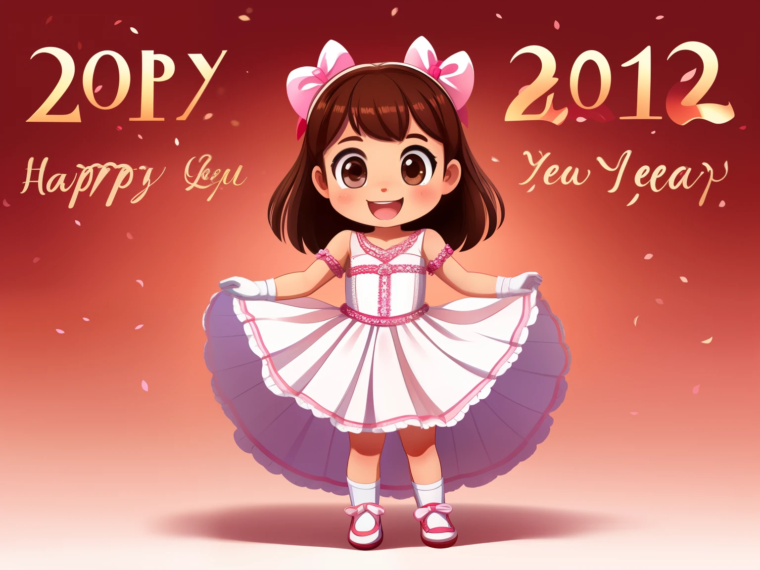 Frontal image of a single 5 year old girl, alone, standing, happy, with brown hair, brown eyes, rosy cheeks, open arms, legs apart, clean background, New Year's trousseau, white dress, pink gloves white, white shoes, white bows on the head, 2D children's illustration style.