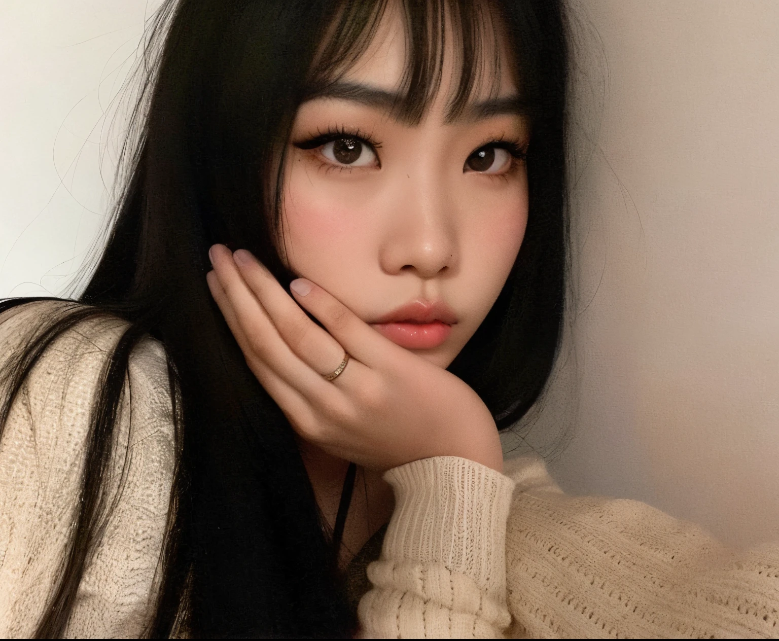 there is a woman that is sitting down with her hand on her chin, Lalisa Manobal, Ulzzang, coreana, Mulher sul-coreana bonita, Lalisa Manoban do Blackpink, linda mulher coreana jovem, chan sakimi, com franja, meninao-fino-cara, mulher coreana jovem bonita, wan adorable korean face