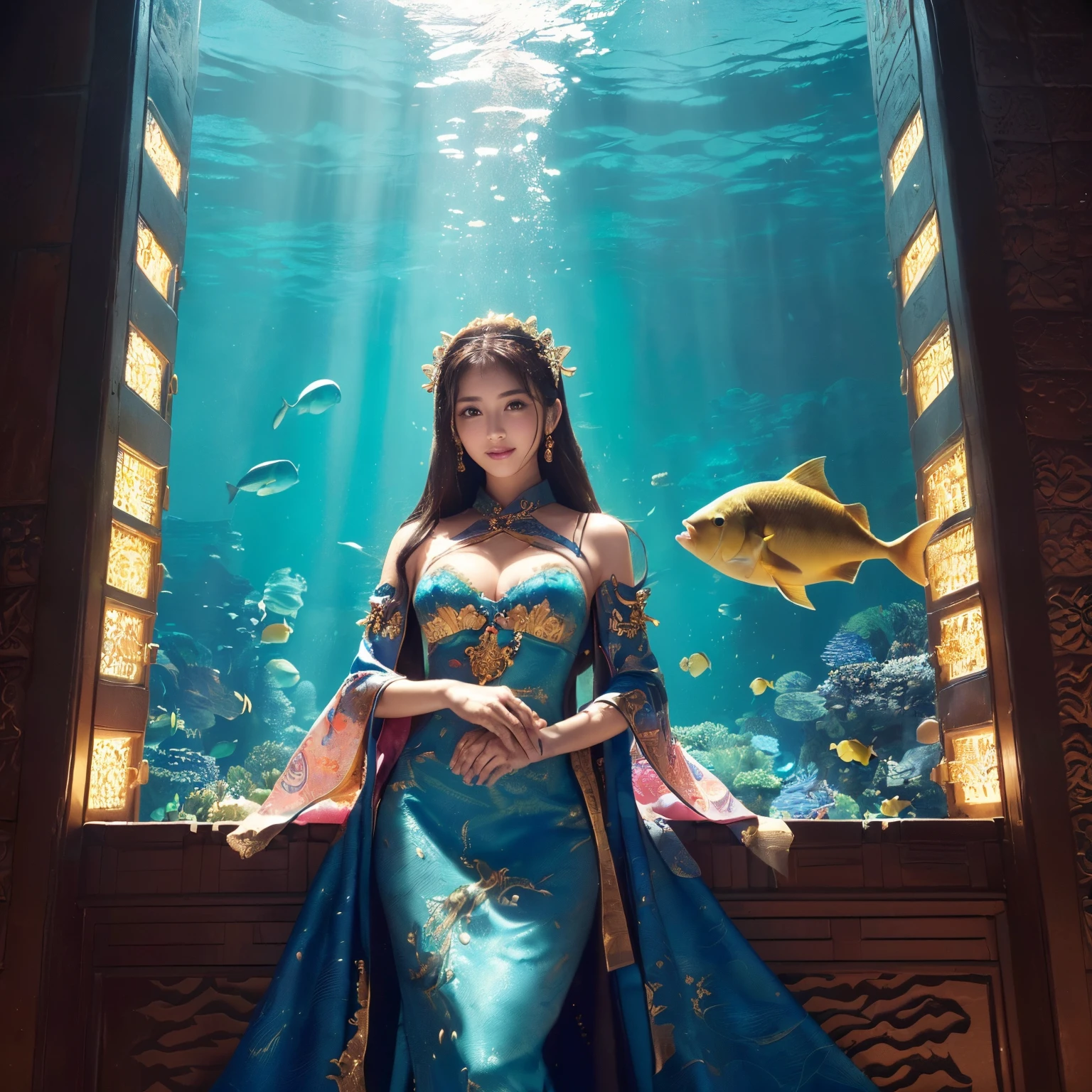 ((top-quality、masutepiece、8K、Top image quality、Highly complex and detailed depictions、super-fine))、((One Princess、Please take a photo of the princess's upper body.'Body of、luxurious courtesan costume、Luxurious furisode、Luxurious hair ornaments、The background is a castle in the deep sea、Castle under the sea、castle sunken in the sea、Atlantis、Castle under the sea、She stands at the entrance of the deep sea castle、There are many beautiful fish swimming around the castle..、Many tropical fish are swimming in the sea、Sparkling water surface、water surface illuminated by sunlight、There are many beautiful corals and fish around the castle...)、((Very intricate and detailed Japanese castle、Castle lit up、Incredibly luxurious and luxurious castle、the most luxurious and wonderful castle、Beautiful Niwa lacquered castle、Exterior of Niwa-nuri Castle、luxury tile roof、Gold decoration of Niwa-nuri Castle、Luxurious Japanese castle in red and gold、red glowing castle、Most Awesome)))、(View me、Biggest smile、The happiest smile、Look at viewers、photo of her upper body、Perfectly depict detailed and complex underwater scenes、Detailed depictions of many beautiful sea creatures)