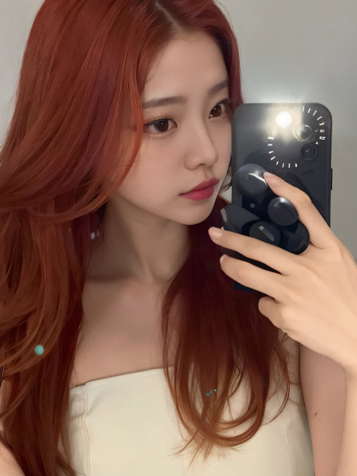 There's a woman taking a selfie with her cell phone, ulzzang, Ella tiene el pelo largo redorange, tzuyu de dos veces, Jinyoung Shin, she has long orange brown hair, Heonhwa Choe, Retrato Jisoo Blackpink, Jisoo de Blackpink, Jisoo de Blackpink, Sun Yunjoo, con el pelo rojo, Jaeyeon Nam, Bright crimson head