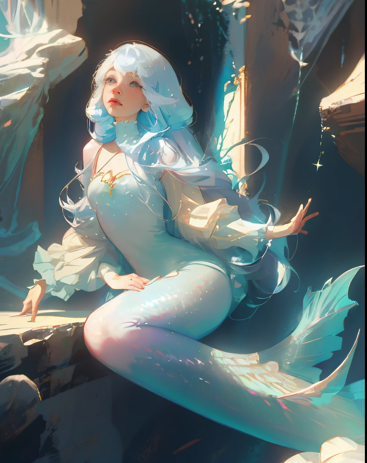 Light blue mermaid with light blue long hair