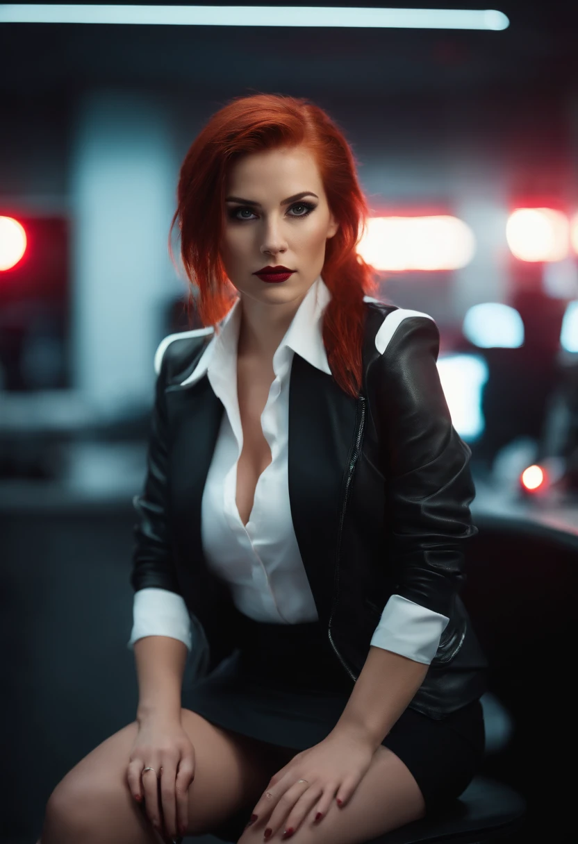 girl in office, red hair, pony tail, busty, c cup, cyberpunk theme, cleveage, white blouse, short black skirt, black jacket, neon lights