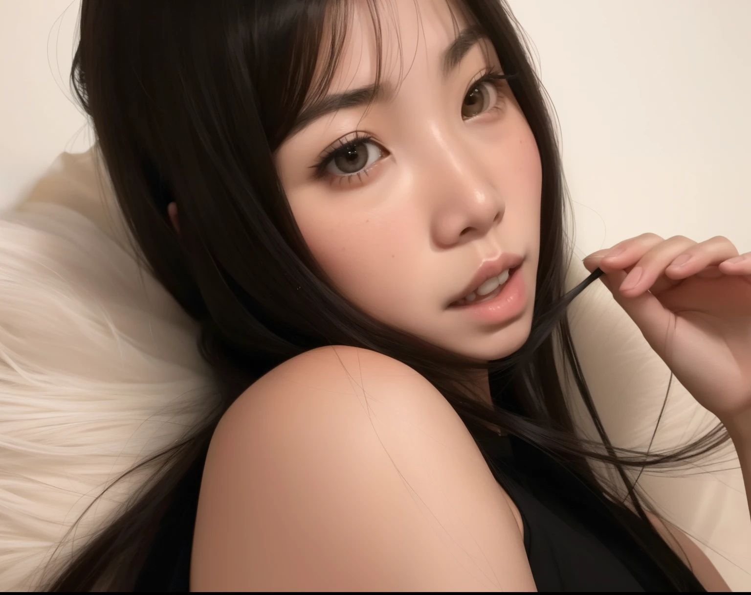 there is a woman with long hair and a black top, young cute wan asian face, Asian girl, Asian face, detailed face of a asian girl, Beautiful Asian girl, Shikami, 🤤 retrato da , meninao-fino-cara, asian features, menina coreaan Vtuber Fofo, Xision Wu, linda Delphine, young asian girl