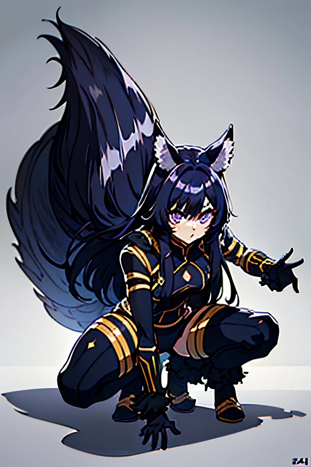 delta, facial mark, purple eyes, small breasts, black long hair, tail, tail ornament, standing, fighting pose, attacking pose, squatting, looking at viewer, facing at viewer, upper body, eye level, plain background, best quality, ultra detailed, beautiful, masterpiece, best quality, facing front, (best quality, 4k, 8k, highres, masterpiece:1.2), ultra-detailed, ultra-fine, sharp focus, extreme detail description, professional, vivid colors