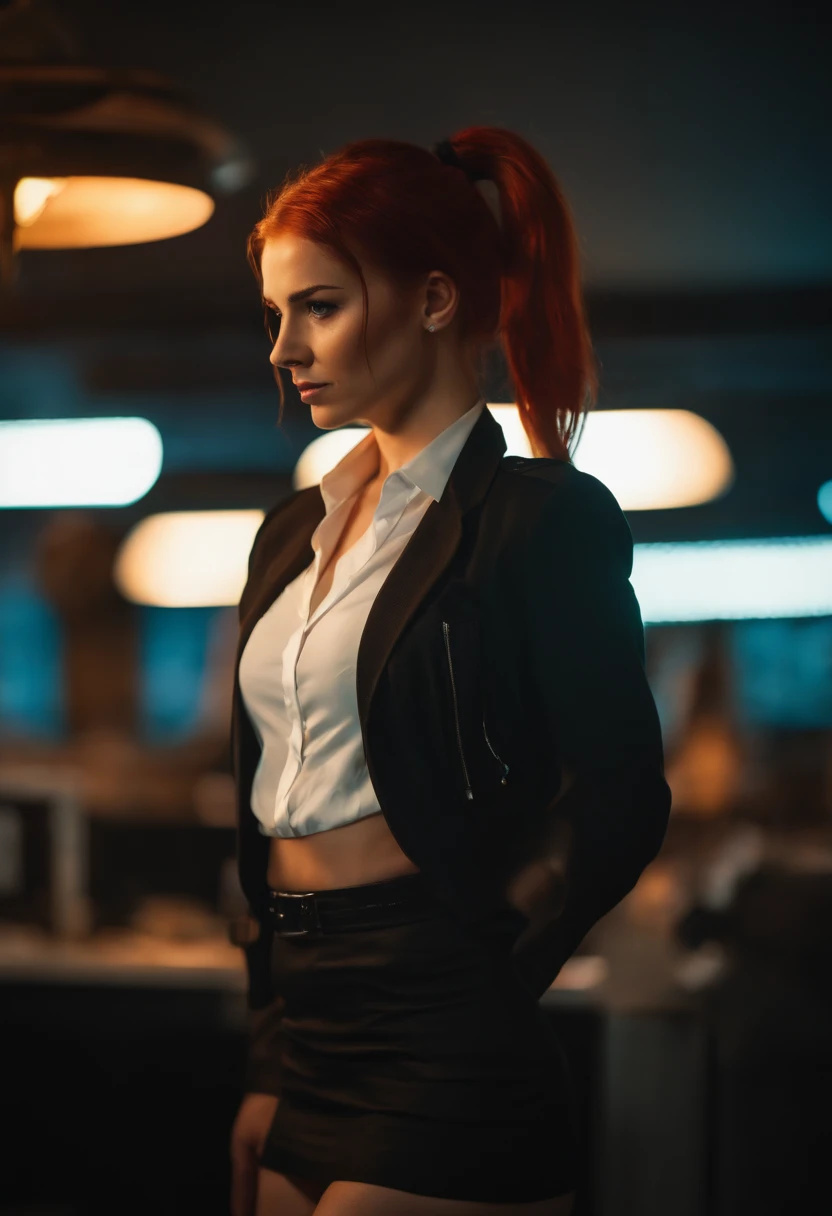 20 years old girl in office, red hair, pony tail, busty, c cup, cyberpunk theme, cleveage, white blouse, short black skirt, black jacket, neon lights