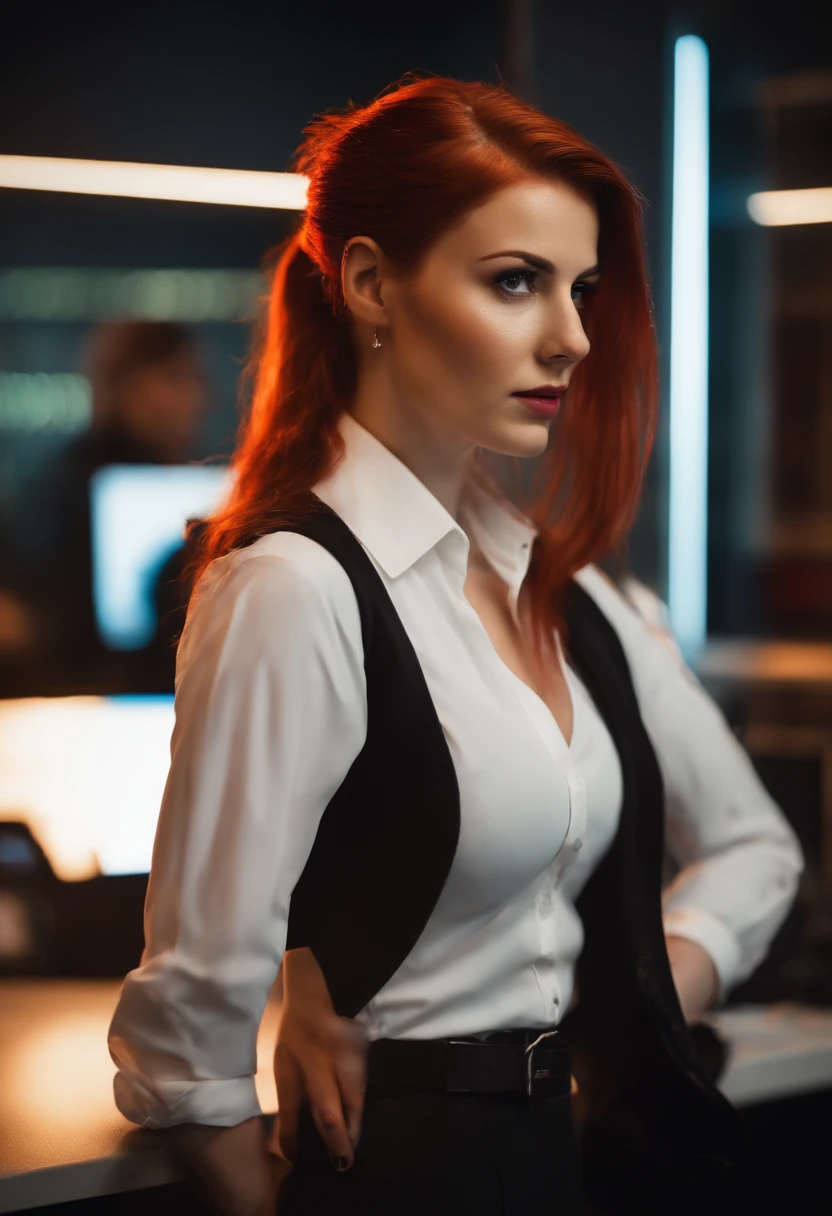 20 years old girl in office, red hair, pony tail, busty, c cup, cyberpunk theme, cleveage, white blouse, short black skirt, black jacket, neon lights