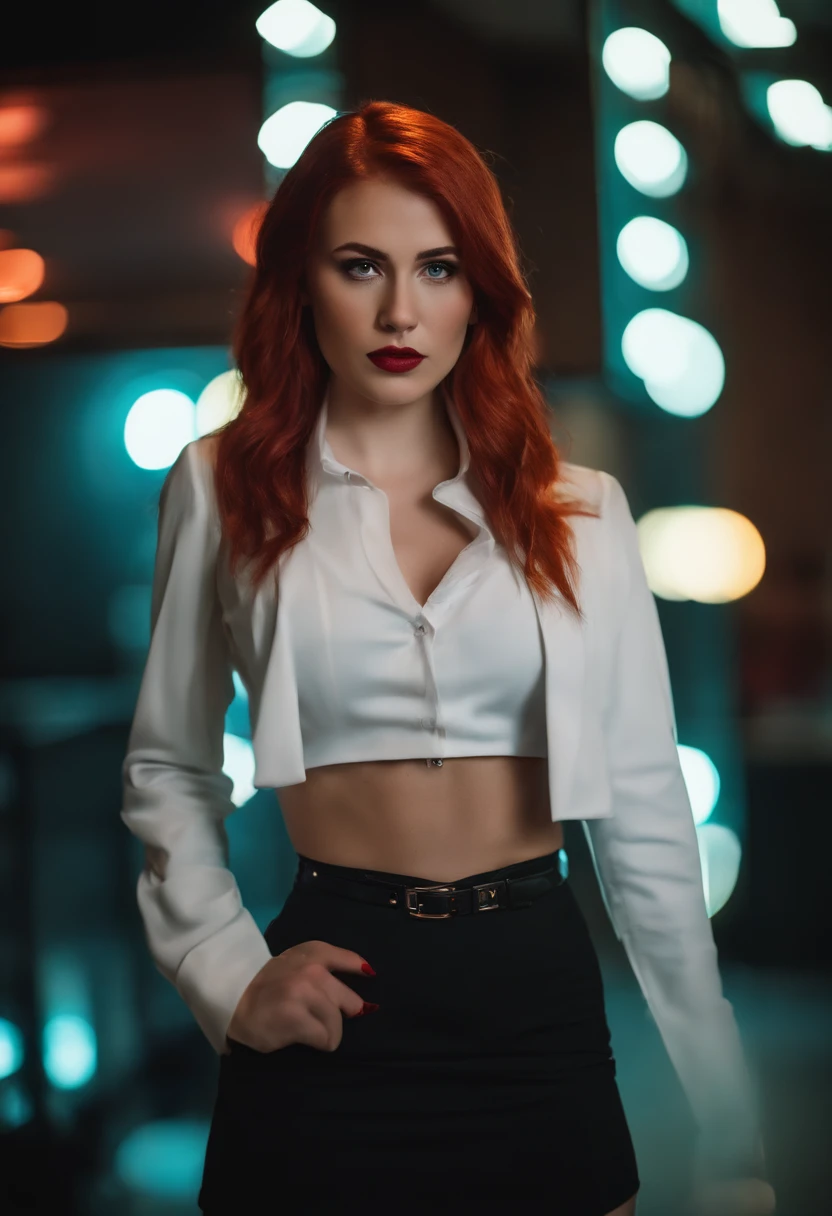 20 years old girl in office, red hair, pony tail, busty, c cup, cyberpunk theme, cleveage, white blouse, short black skirt, black jacket, neon lights