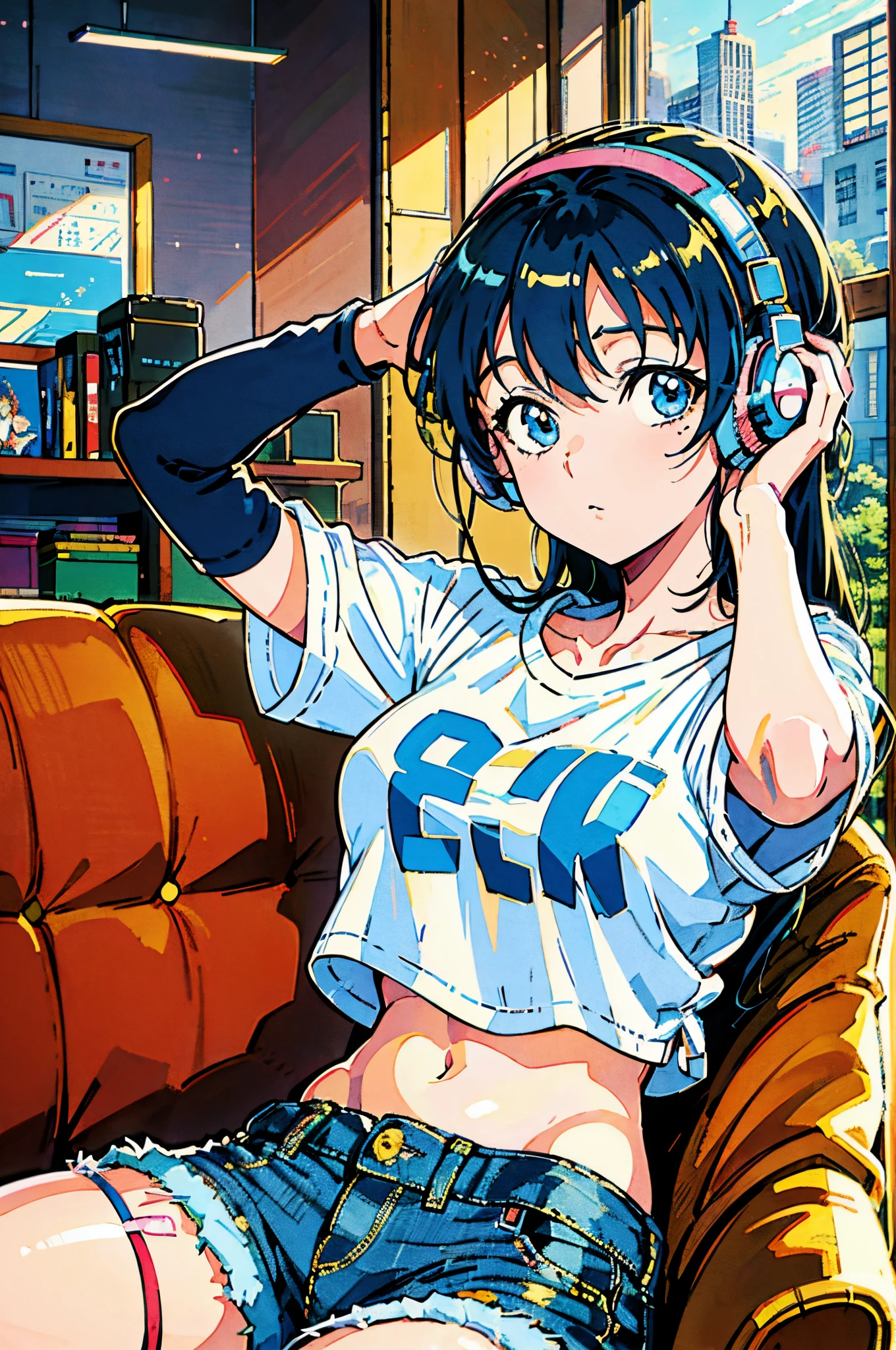 Attractive Anime girl sitting on a couch by the window with headphones on, scruffy ponytail, blue hair, blue highlights, a striped crop top t-shirt, denim shorts, anime visual of a cute girl, pretty anime girl, anime style 4k, 8k, anime moe art style, anime vibes, lofi girl, lofi artstyle, nightcore, clean detailed anime style, anime style mix with Fujifilm, 90's anime vibe, modern anime style, serial art, Masterpiece, Excellent, drawing with super high detail, cold face, expressionless