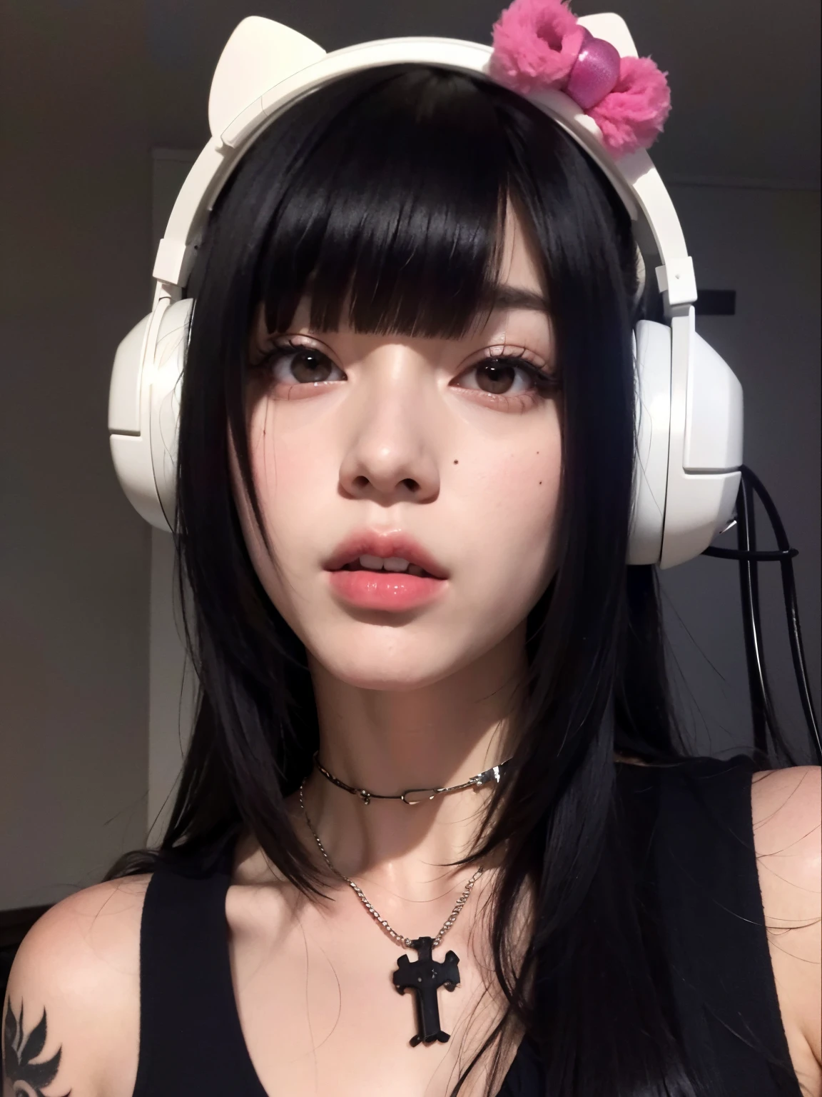 Mujer arafed con auriculares y un collar con una cruz., cruel korean goth girl, Ella tiene el pelo negro con flequillo, cabello negro y flequillo blanco, Hermosa Delphine, cabello blackbangs cabello, ulzzang, whitebangsblackhair, con auriculares, 1 7 - year - old anime goth girl, con auriculares, Chica de anime en la vida real