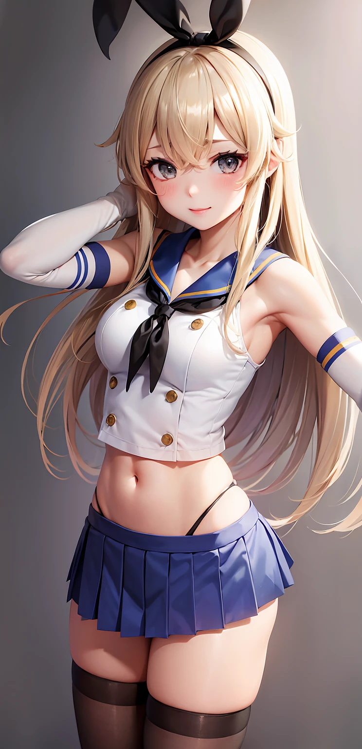 (masterpiece, best quality:1.2),illustration,8k,hd,1girl,solo,upper body,(portrait:1.2),long_hair,blonde_hair,elbow_gloves,underwear,striped_thighhighs,white_gloves,smile,navel,yellow eyes,highleg_panties,black_panties,anchor_hair_ornament,highleg,blush,school_uniform,crop_top,sailor_collar,hairband,hair_ornament,serafuku,miniskirt,pleated_skirt,blue_skirt,sleeveless,bare_shoulders,hair_between_eyes,grey_footwear,microskirt,midriff,neckerchief,collarbone,smug, small waist, slim waist, fit body, fit legs, toned legs, toned arms, fit arms, fit midriff, toned midriff, large breasts, huge breasts, giant breasts, muscular midrif, muscular arms, black panties, sixpack, cleavage, huge breasts, huge chest