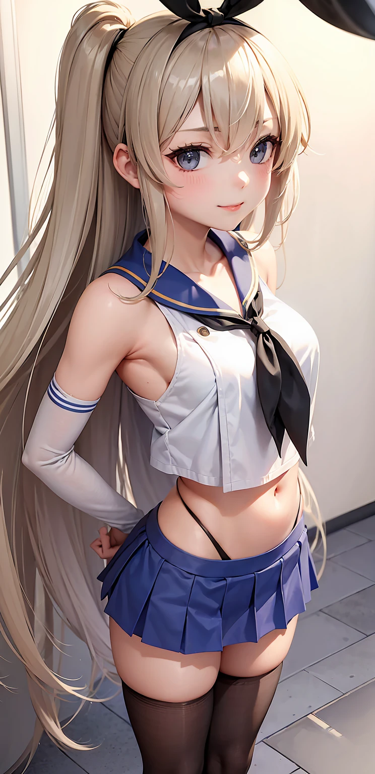 (masterpiece, best quality:1.2),illustration,8k,hd,1girl,solo,upper body,(portrait:1.2),long_hair,blonde_hair,elbow_gloves,underwear,striped_thighhighs,white_gloves,smile,navel,yellow eyes,highleg_panties,black_panties,anchor_hair_ornament,highleg,blush,school_uniform,crop_top,sailor_collar,hairband,hair_ornament,serafuku,miniskirt,pleated_skirt,blue_skirt,sleeveless,bare_shoulders,hair_between_eyes,grey_footwear,microskirt,midriff,neckerchief,collarbone,smug, small waist, slim waist, fit body, fit legs, toned legs, toned arms, fit arms, fit midriff, toned midriff, large breasts, huge breasts, giant breasts, muscular midrif, muscular arms, black panties, sixpack, cleavage, huge breasts, huge chest