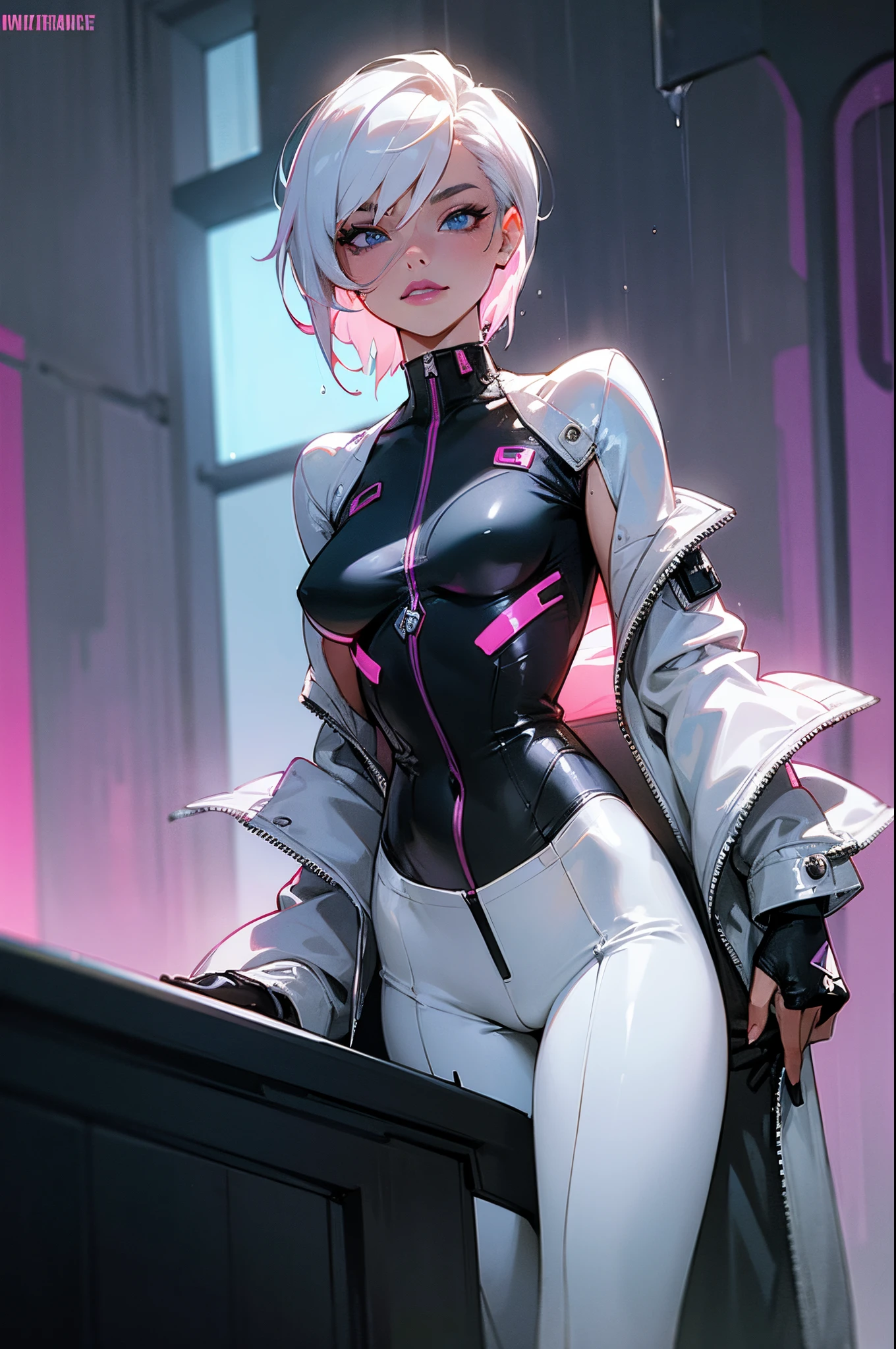Woman 30 years (Margot Robbie pov), short white hair, sidecut hair, tight ???? white Low-cut swinsuit, cibernetic accessories, cyberpunkpants with leds, unbuttoned large cyberpunk white jacket, no buttons, ??????, ??????, beautiful face, super detail eyes, perfect eyes, ??????????????, wet and soft, close, fiery and ?????????? wanting more, front view, nice thighs, blue eyes, purple lipstick, wet skin, wet hair, backlight, neon, steam, rain, storm nighttime scenarium