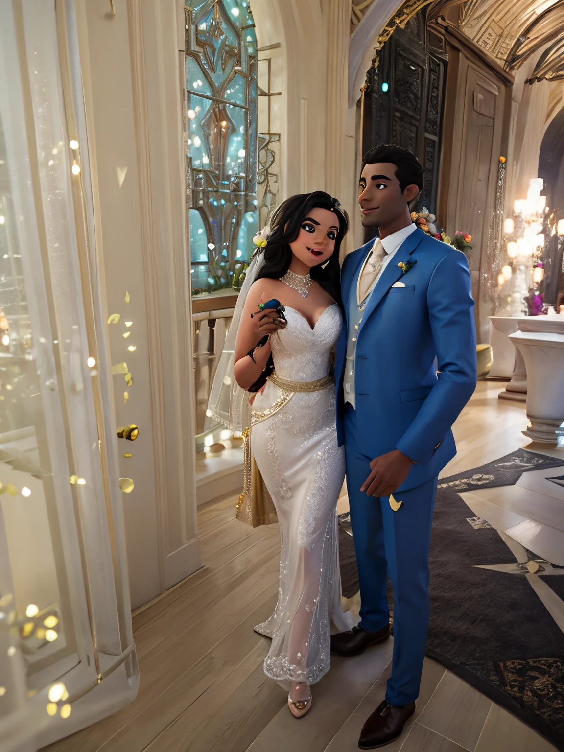 Couple at wedding in Disney Pixar style characters. In love and holding each other. Black male, Arab female