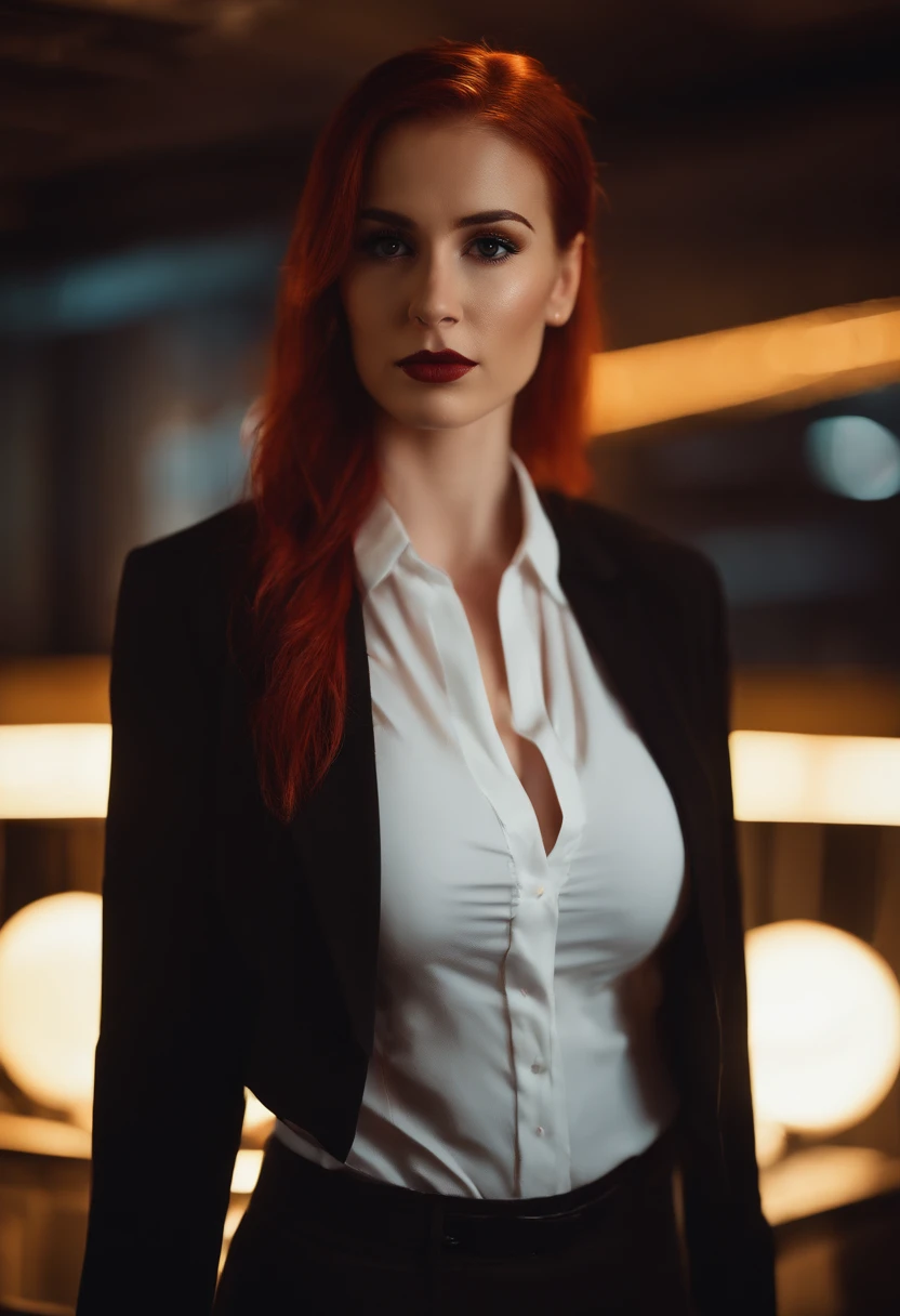 20 years old girl in office, red hair, pony tail, busty, d cup breasts, cyberpunk theme, cleveage, white blouse, short black skirt, black jacket, neon lights