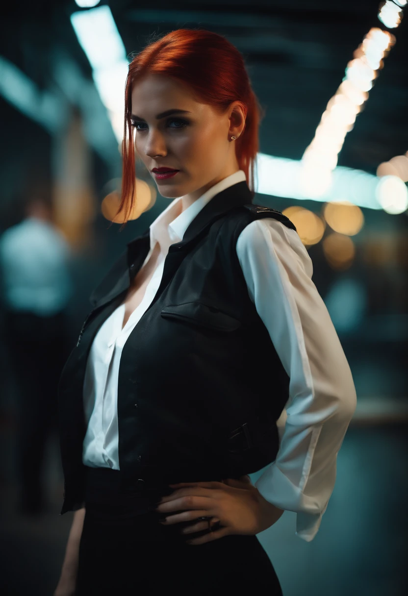 20 years old girl in office, red hair, pony tail, busty, d cup breasts, cyberpunk theme, cleveage, white blouse, short black skirt, black jacket, neon lights