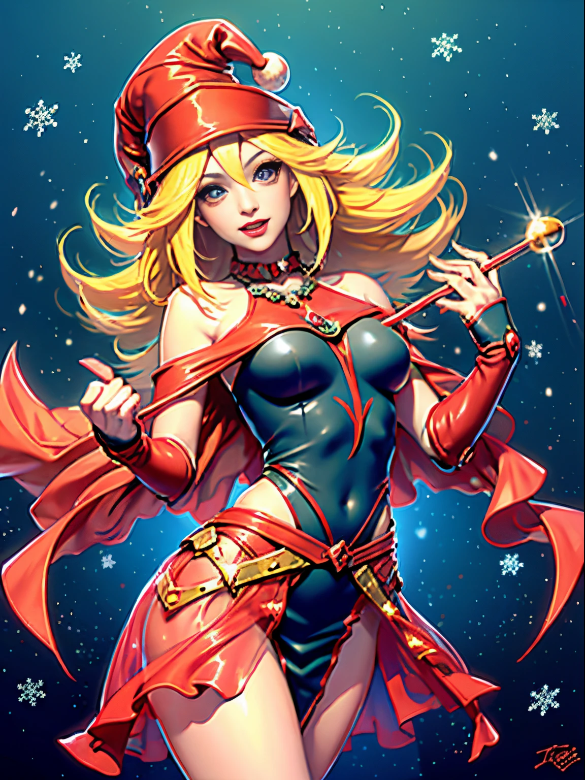 Dark magician gils con vestido rojo,((see through)), extremadamente detallado, rubio,(((Mini falda diminuta))), ((skirt lift)),(((tanga visible))),Sonriendo, ojos azules, realista, tacones rojos, (((Navidad))), escote, ((christmas tree, Regalos)), cabello rubio, navidad de Magia. Pose sejustiva y sensual.