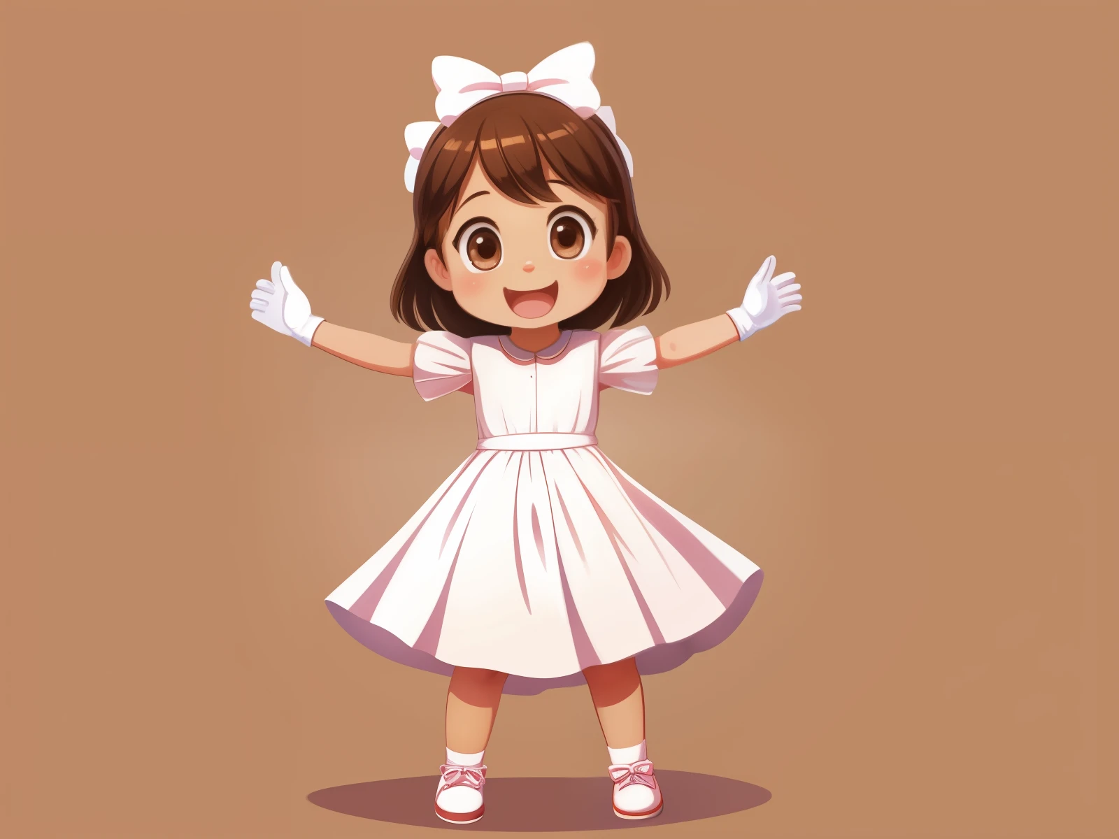 Frontal image of a single 5 year old girl, alone, standing, happy, with brown hair, brown eyes, rosy cheeks, open arms, legs apart, clean background, white dress, white gloves, white shoes, white bows on the head, 2D children's illustration style.