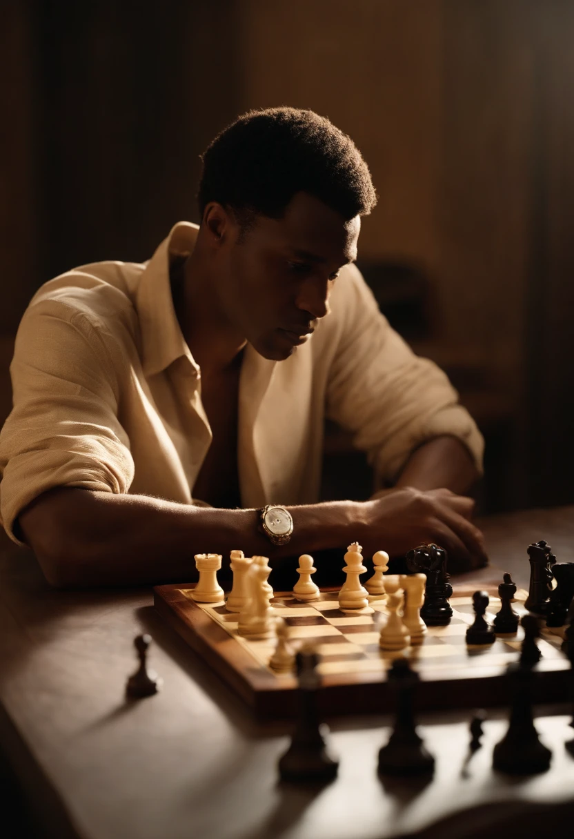 A photo of Billy Washington playing an intense game of chess in a dimly lit, atmospheric room, with a determined look on his face as he strategizes his next move.,original,In his early to mid-20s, Bill's appearance mirrors his internal struggles—short, light brown to blonde hair, soft features on a tall frame.