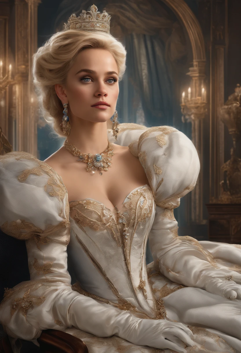 Victorian Fairytale Art, Formal and Official Coronation Portrait, Portrait of a stunningly beautiful young blonde Reese Witherspoon as a Queen wearing A Stately and Elaborate Royal Cinderella Court Gown with (((enormous puffed sleeves))), an hourglass waist, and a (((huge crinoline hoopskirt))) adorned with bows, embroidery, and jewels, long white gloves, pearl necklace and earrings