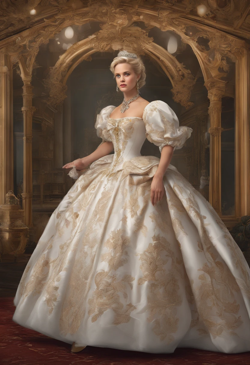 Victorian Fairytale Art, Formal and Official Coronation Portrait, Portrait of a stunningly beautiful young blonde Reese Witherspoon as a Queen wearing A Stately and Elaborate Royal Cinderella Court Gown with (((enormous puffed sleeves))), an hourglass waist, and a (((huge crinoline hoopskirt))) adorned with bows, embroidery, and jewels, long white gloves, pearl necklace and earrings