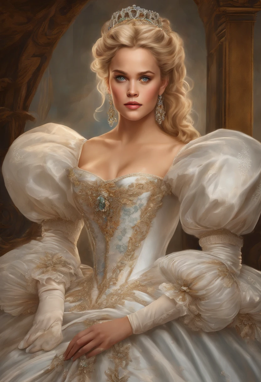 Victorian Fairytale Art, Formal and Official Coronation Portrait, Portrait of a stunningly beautiful young blonde Reese Witherspoon as a Queen wearing A Stately and Elaborate Royal Cinderella Court Gown with (((enormous puffed sleeves))), an hourglass waist, and a (((huge crinoline hoopskirt))) adorned with bows, embroidery, and jewels, long white gloves, pearl necklace and earrings