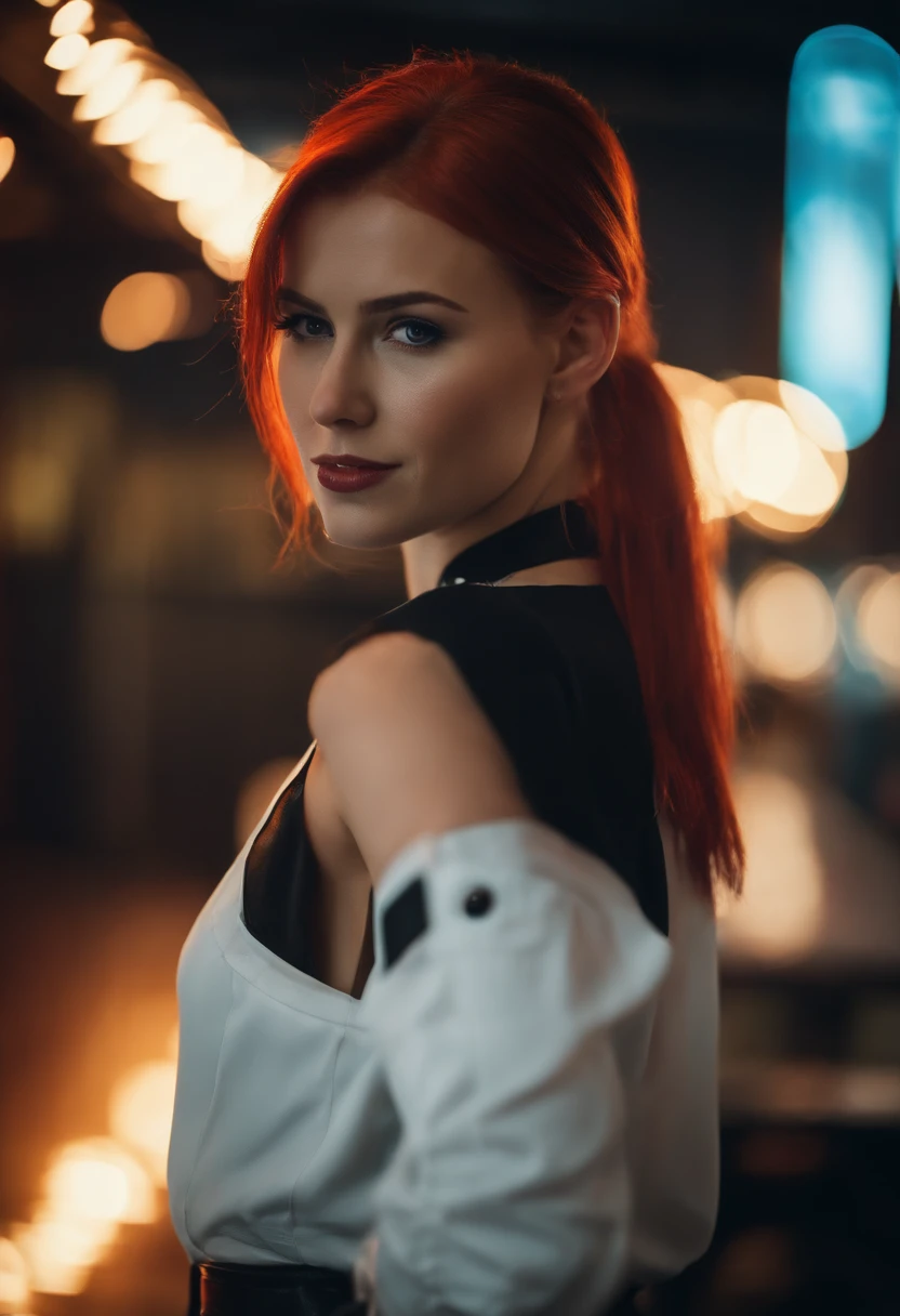 20 years old teen in office, red hair, pony tail, busty, d cup breasts, cyberpunk theme, cleveage, white blouse, short black skirt, black jacket, neon lights