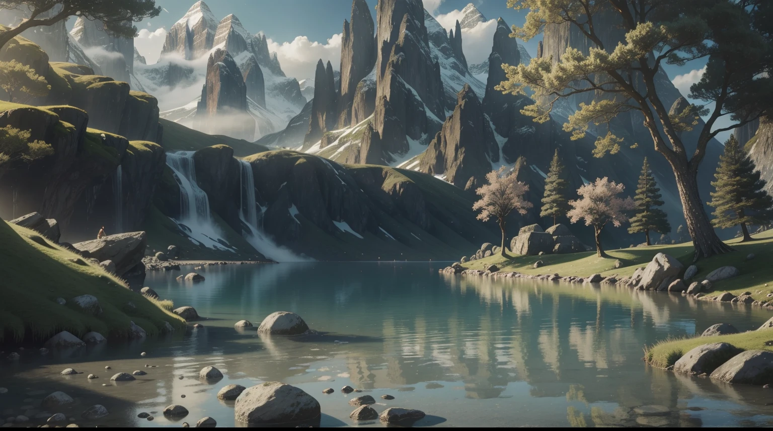 A serene place in a fantasy realm, very pleasant, beautiful, calm and beautifully landscaped. photorealistic, 8k uhd, studio quality, ultra realistic, maximum detail, large scale, postprocessing, photorealistic, photorealistic, photoshop, photography, detailed, cinematic lighting, landscape, panorama, scenery, ray tracing, cinema4d