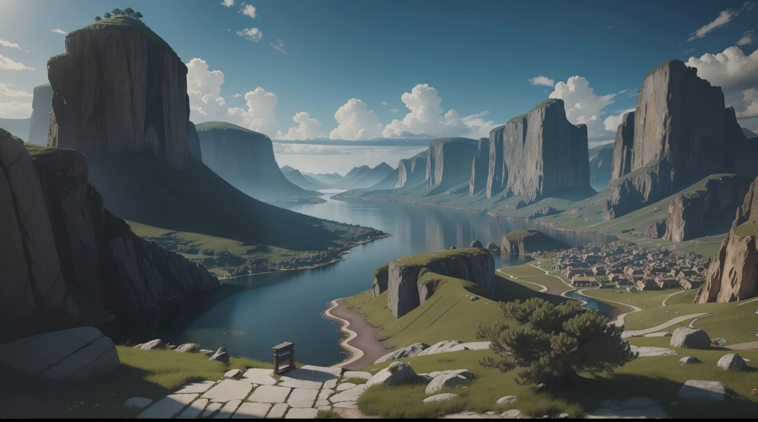 A serene place in a fantasy realm, very pleasant, beautiful, calm and beautifully landscaped. photorealistic, 8k uhd, studio quality, ultra realistic, maximum detail, large scale, postprocessing, photorealistic, photorealistic, photoshop, photography, detailed, cinematic lighting, landscape, panorama, scenery, ray tracing, cinema4d