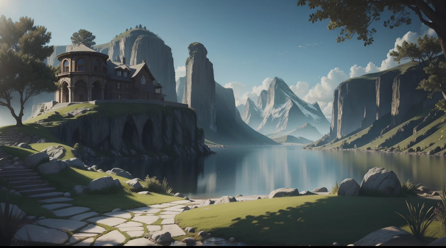 A serene place in a fantasy realm, very pleasant, beautiful, calm and beautifully landscaped. photorealistic, 8k uhd, studio quality, ultra realistic, maximum detail, large scale, postprocessing, photorealistic, photorealistic, photoshop, photography, detailed, cinematic lighting, landscape, panorama, scenery, ray tracing, cinema4d
