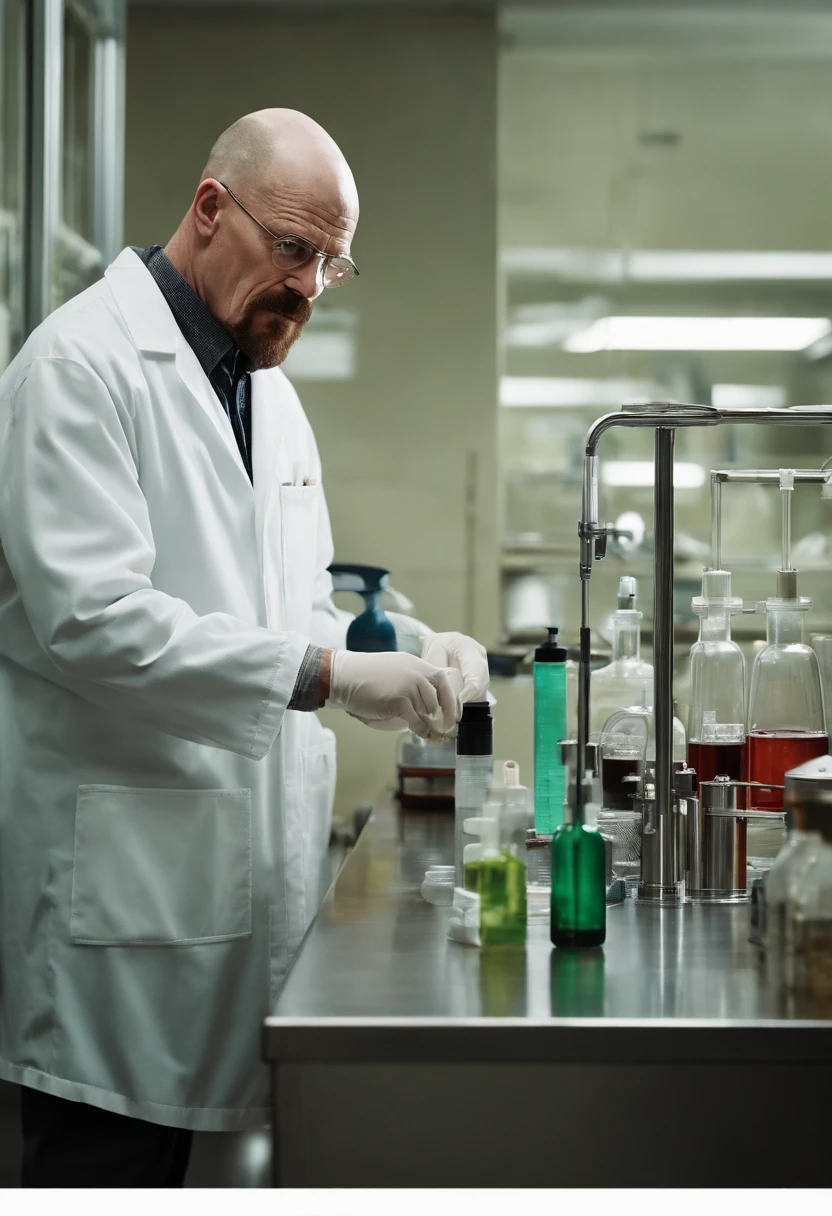 A close-up shot of Walter mixing chemicals in a lab,Breaking Bad,Walter White, the central character of “Breaking Bad,” undergoes a dramatic transformation in appearance: from a meek, unassuming high school chemistry teacher with a mustache and glasses, to the bald, bearded figure known as “Heisenberg,” exuding menace and authority. His wardrobe shift from nondescript, muted clothing to darker, more assertive attire mirrors his descent into the criminal world.