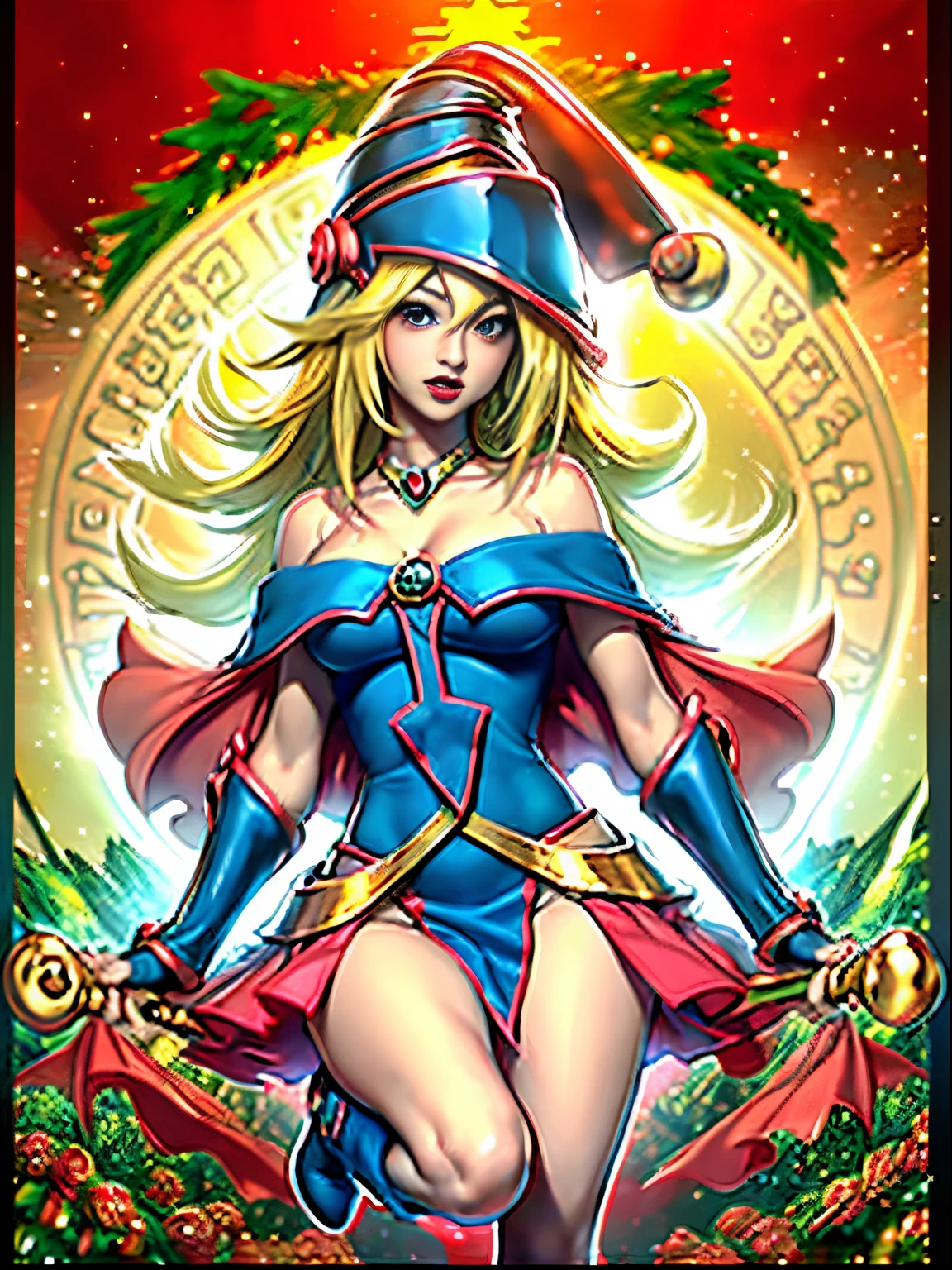 Dark magician gils con vestido rojo,((see through)), extremadamente detallado, rubio,(((Mini falda diminuta))), ((skirt lift)),(((tanga visible))), ojos azules, tacones rojos, (((Navidad))), escote, ((christmas tree, Regalos)), cabello rubio, navidad de Magia. Pose sejustiva y sensual.