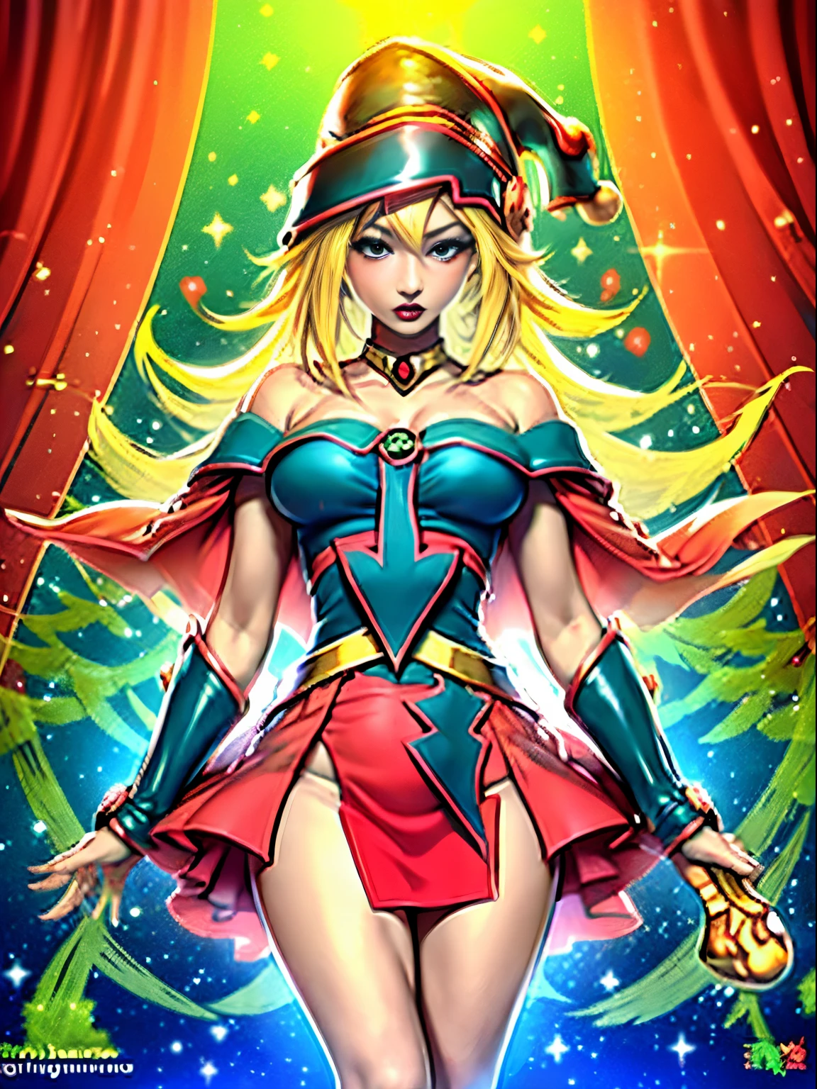 Dark magician gils con vestido rojo,((see through)), extremadamente detallado, rubio,(((Mini falda diminuta))), ((skirt lift)),(((tanga visible))), ojos azules, tacones rojos, (((Navidad))), escote, ((christmas tree, Regalos)), cabello rubio, navidad de Magia. Pose sejustiva y sensual.