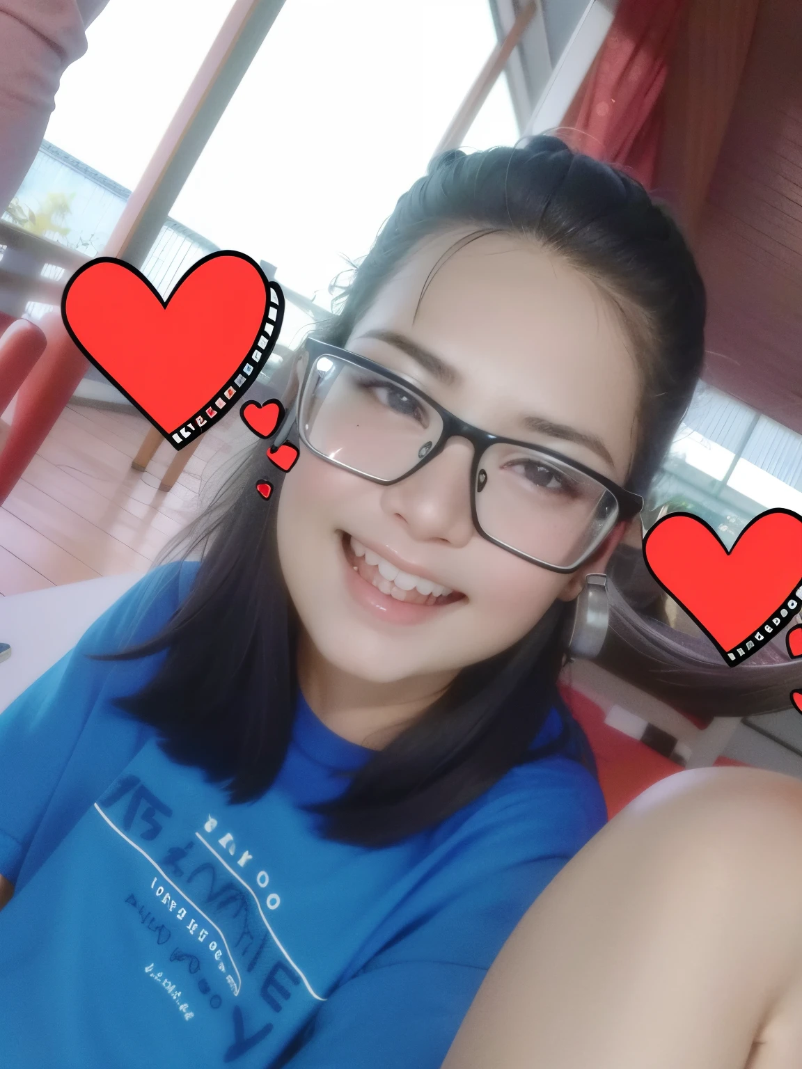 there are two girls sitting together with hearts, bonito ligeiramente nerd sorriso, imagem de qualidade muito baixa, foto de baixa qualidade, leve sorriso nerd, qualidade muito baixa, muito ligeiramente sorridente, Tumblr, qualidade muito baixa, small heart - shaped face, Imagem, full heart - face shaped like, leve sorriso bonito, Sorrindo loucamente, foto muito precisa, fotografia de baixa qualidade