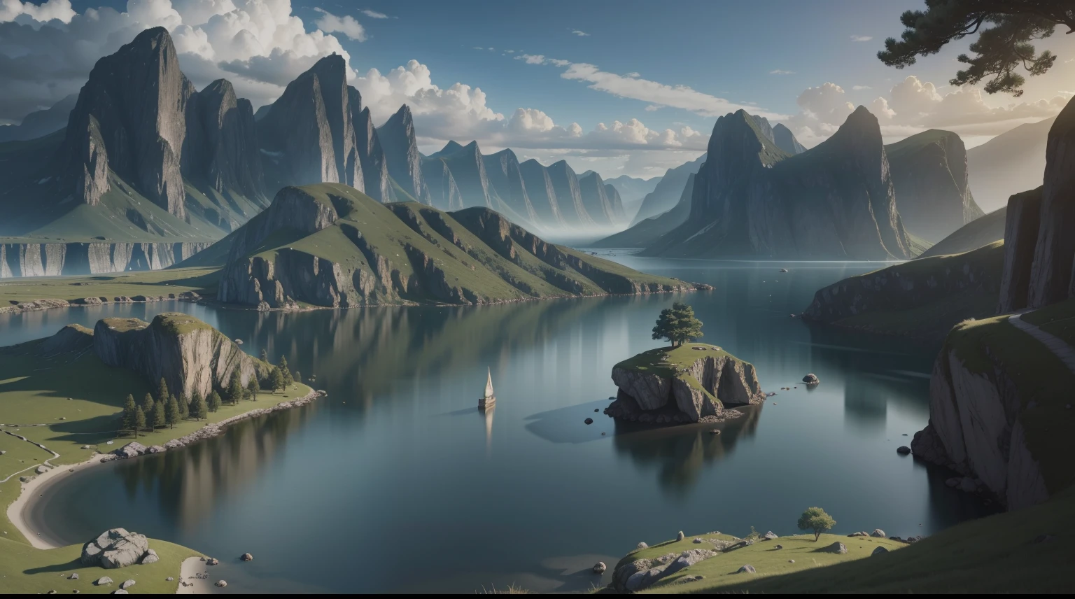 A serene place in a fantasy realm, very pleasant, beautiful, calm and beautifully landscaped. photorealistic, 8k uhd, studio quality, ultra realistic, maximum detail, large scale, postprocessing, photorealistic, photorealistic, photoshop, photography, detailed, cinematic lighting, landscape, panorama, scenery, ray tracing, cinema4d