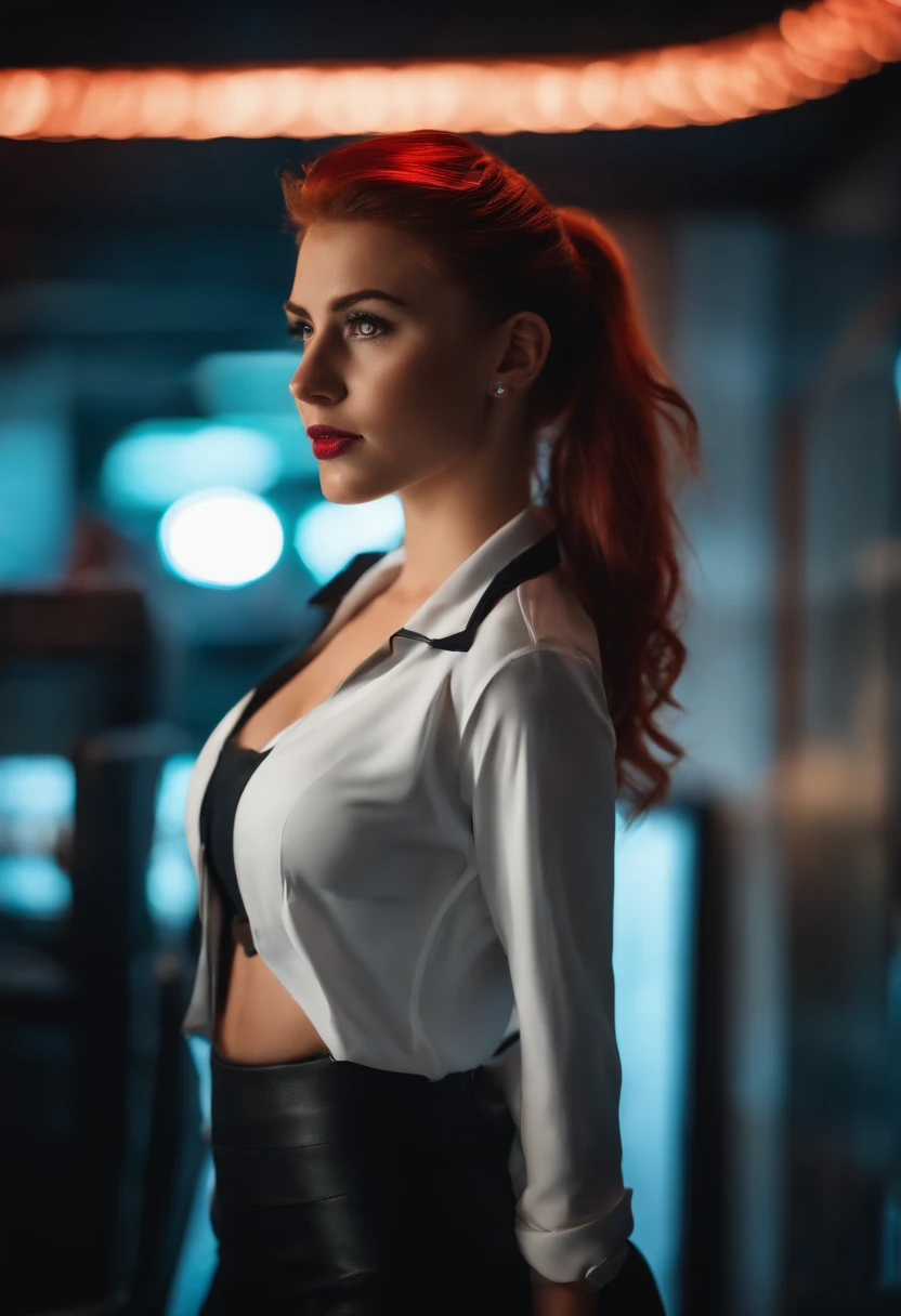 20 years old in office, aroused look, red hair, pony tail, busty, d cup breasts, cleveage, cyberpunk theme, white blouse, short black skirt, black jacket, neon lights