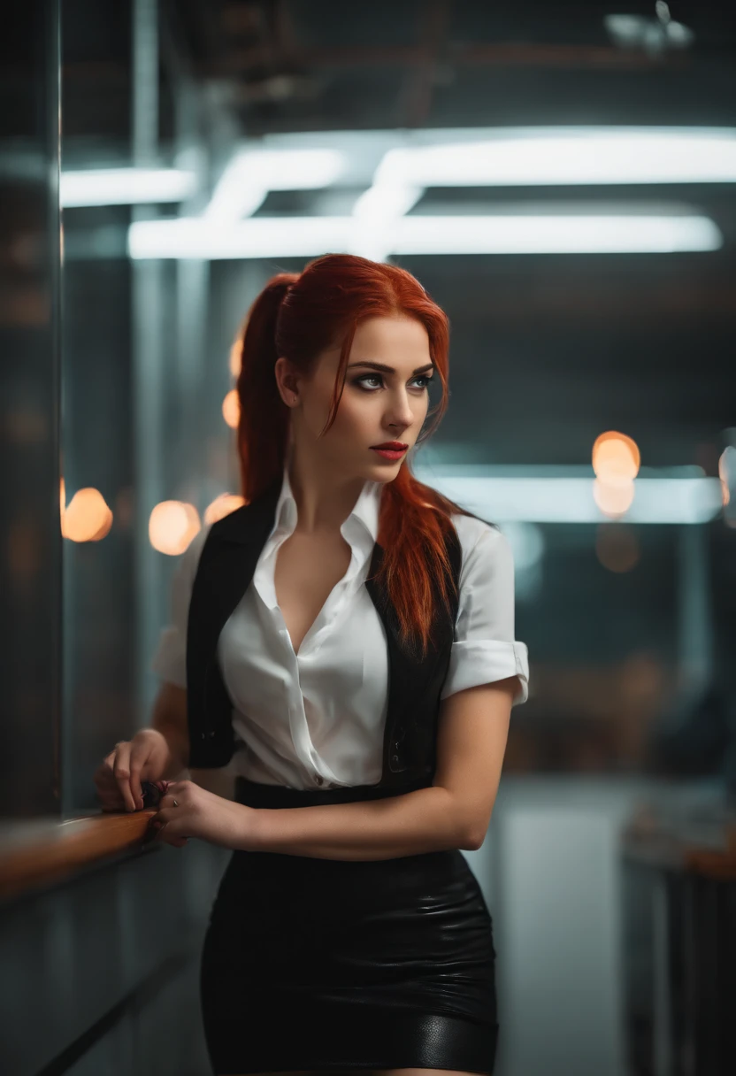 20 years old teen in office, aroused look, red hair, pony tail, busty, d cup breasts, cleveage, cyberpunk theme, white blouse, short black skirt, black jacket, neon lights