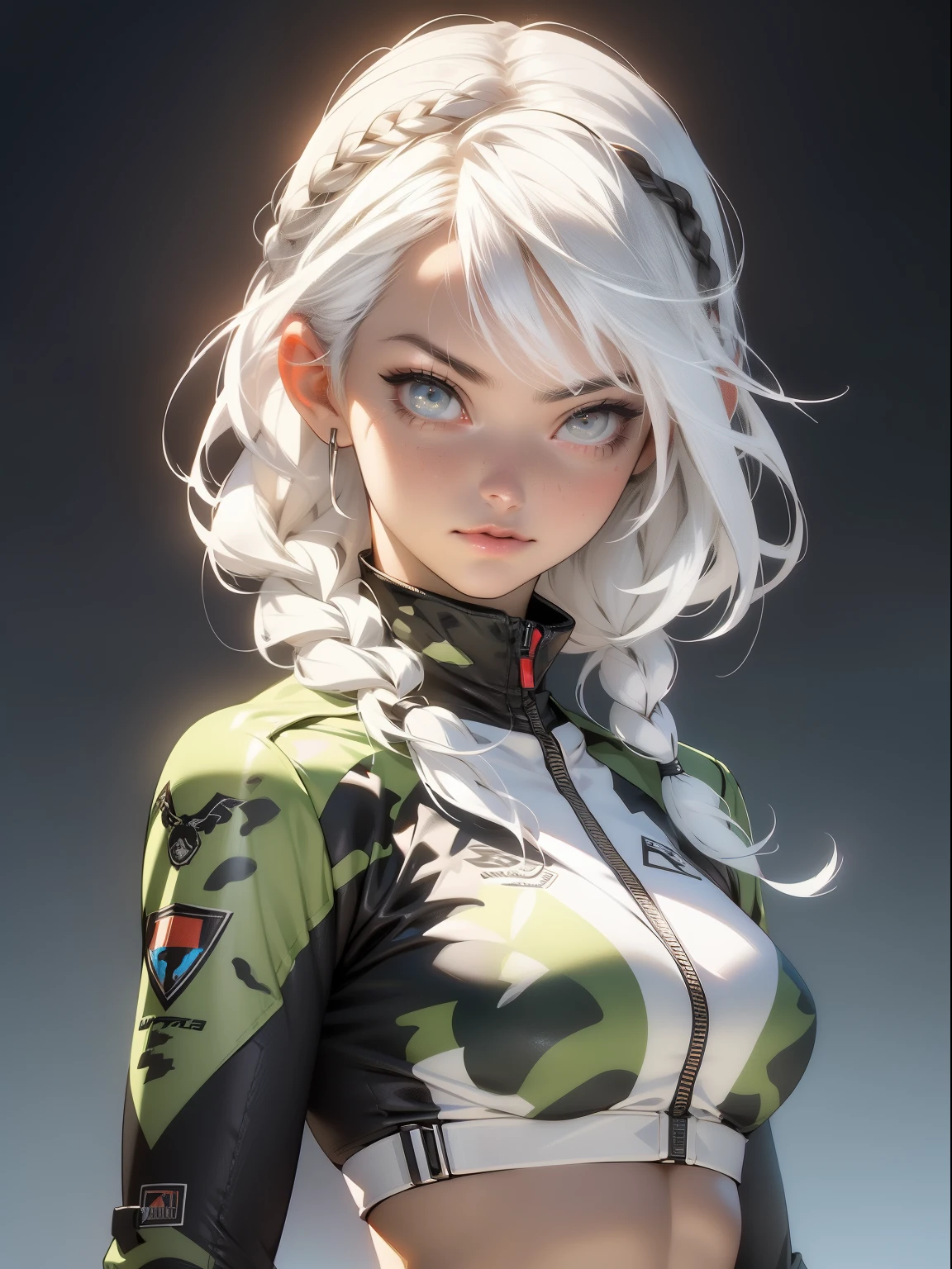 ((best quality)), ((master part)), (circunstanciado: 1.4), (absurdo), A fighter pilot ready for war in a military bikini, Marinheiro, pele escura, Corpo esculpido definido, Corpo inteiro, Coxas nuas, boca fechada, Cyberpunk, Seminua, decote generoso, ((seios enormes perfeitos)), (Olhos azuis claros super claros sem pupilas), (((Military camouflage bikini)), (((white hair with braid)))), long eyelashes heavy makeup, suspender belt, Emparelhar muito, niji --V5, perto do real, psicopata, Rosto perfeito, pose sexy, Background with a giant Evangelion head, 2 piece outfit, bolo, Centrado, size according to dimensions, HDR (high dynamic range),ray tracing, NVIDIA RTX,Super-Resolution,irreal 5,underground dispersal, Textura PBR, Post-processing, anisotropic filtering, profundidade de campo, Maximum clarity and sharpness, Texturas multicamadas, Mapas de Albedo e Especular, sombreamento superficial, Accurate simulation of light-material interaction, perfectly proportions, octan render, dual-tone lighting, inauguration, ISO baixo, white-balance, rule of thirds, 8K BRUTO, crysisnanosuit bikini, lacuna na coxa, quadris bonitos, Tiro de cowboy