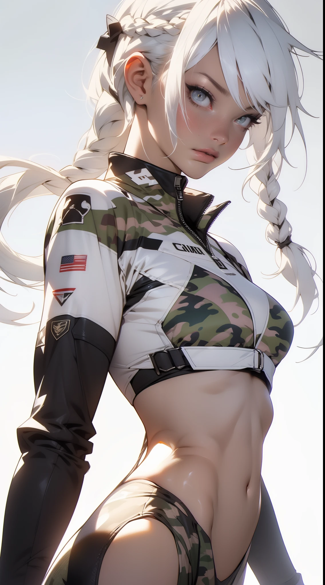 ((Best quality)), ((Masterpiece)), (Detailed: 1.4), (Absurde), A female fighter pilot ready for war in a military bikini, marin, dark skinned, Sculpted body defined, corps entier, Cuisses nues, mouth closed, Cyberpunk, half-naked, generous neckline, ((Perfect huge breasts)), (Yeux bleu clair super clairs ), (((Bikini camouflage militaire)), (((cheveux blancs avec tresse)))), longs cils maquillage lourd, porte-jarretelles, jumeler beaucoup, niji --V5, close to real, psychopathe, visage parfait, sexy pose, Background with a giant Evangelion head, 2 piece clothes, side view, centered, scale to suit dimensions, Hdr (High Dynamic Range),Ray Tracing, NVIDIA RTX,Super-Resolution,Unreal 5,Dispersion souterraine, PBR Texture, Post-traitement, Filtrage anisotrope, profondeur de champ, Maximum Clarity and Sharpness, Textures multicouches, Albedo and specular maps, Ombrage de surface, Accurate Simulation of Light-Material Interaction, Proportions parfaites, Rendu octane, two tone lighting, Grande ouverture, ISO faible, Balance des blancs, Rule of Thirds, 8K RAW, Crysisnanosuit Bikini, thigh gap, belles hanches, show knees