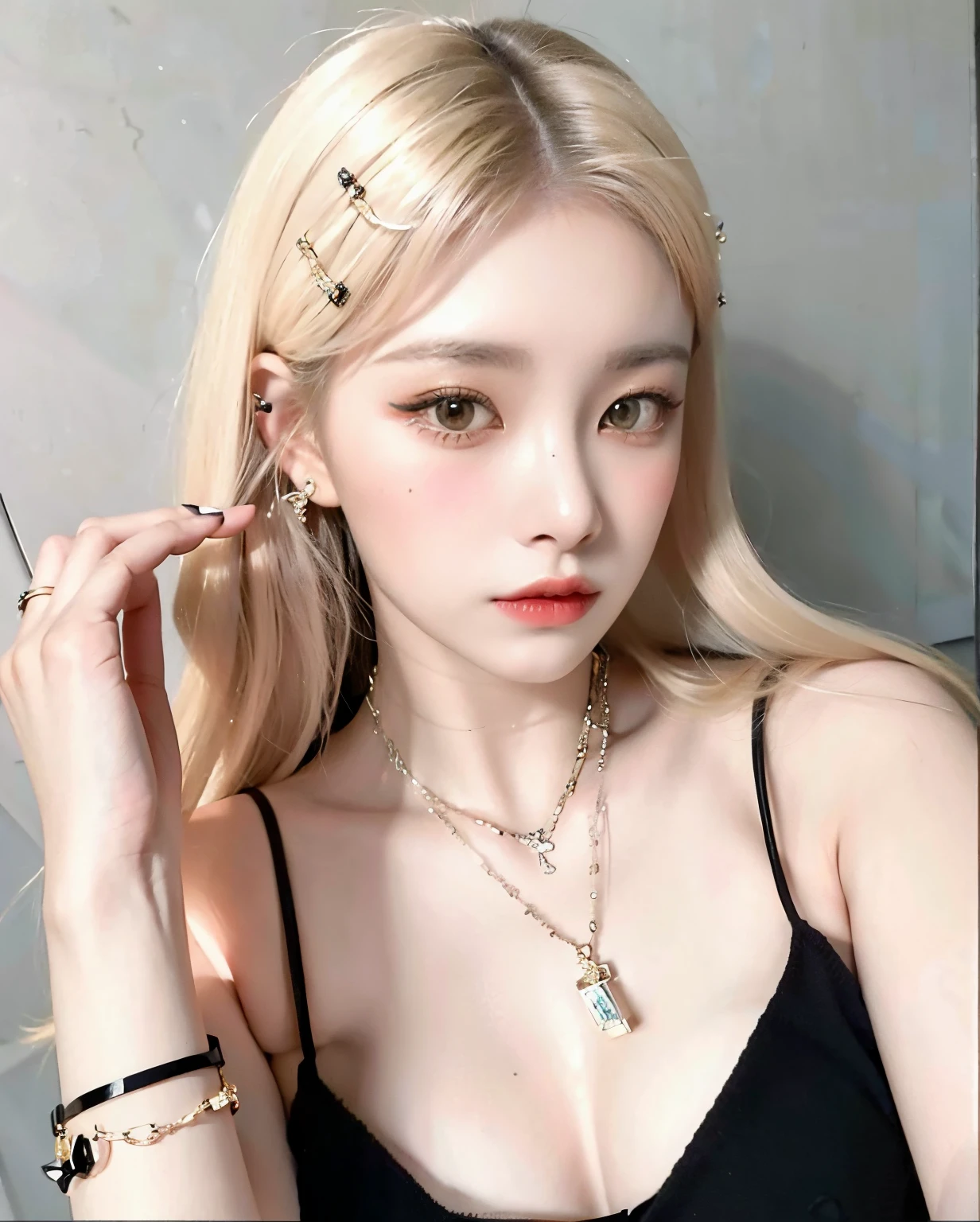 Un primer plano de una mujer con un collar y una pulsera, Ava Max, Chica perfecta de pelo blanco, pale goth beauty, con cabello largo y ojos penetrantes, Retrato de Kim Petras, extremely pale blond hair, con pelo largo blanco, Cabello largo y rubio y ojos grandes, cabello rubio muy, very pale, cruel korean goth girl, Cabello largo y rubio y ojos grandes