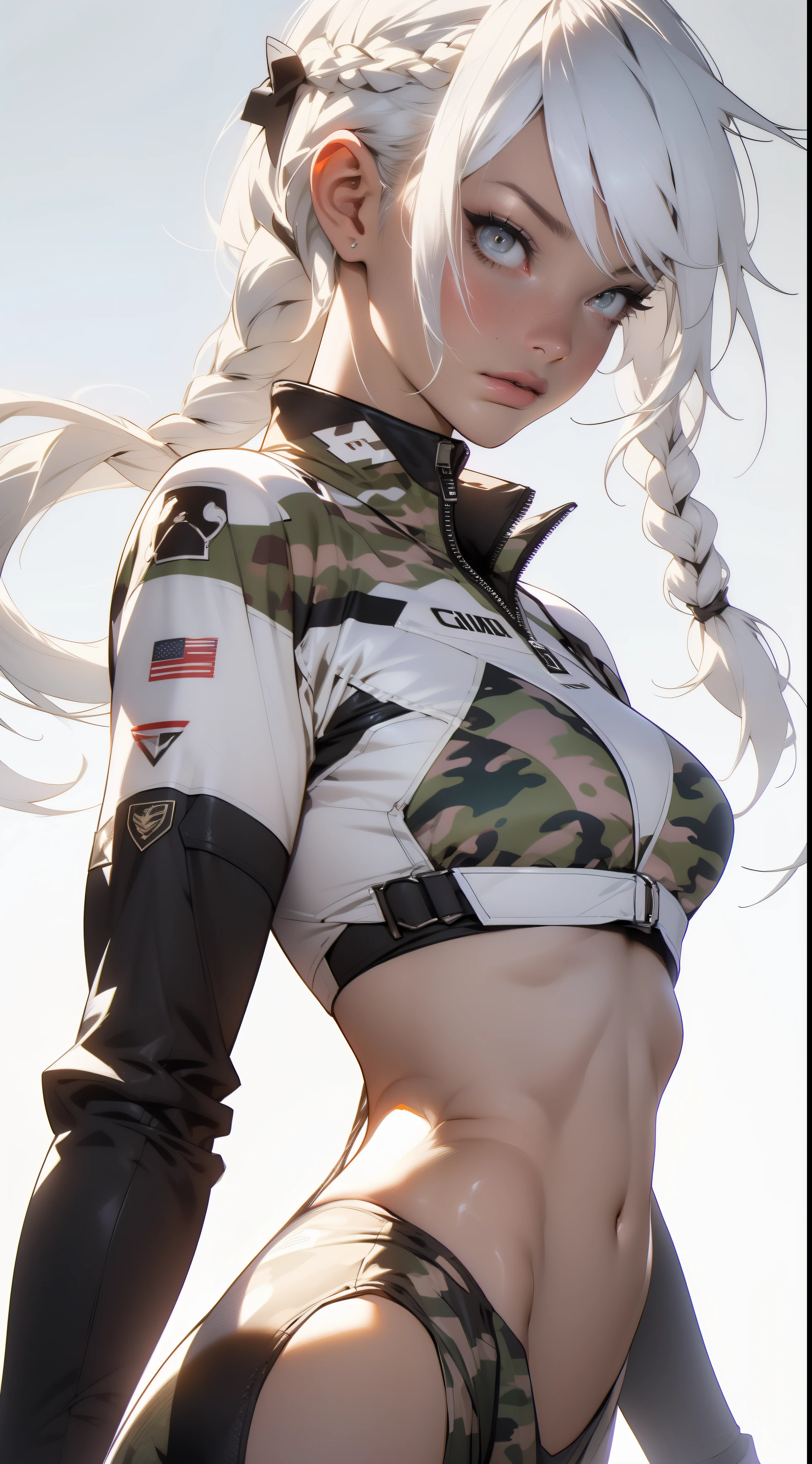 ((best quality)), ((master part)), (circunstanciado: 1.4), (Absurdo), A war-ready fighter pilot in a military bikini, marinheiro, pele escura, corpo esculpido definido, corpo inteiro, coxas nuas, boca fechada, Cyberpunk, seminua, decote generoso, ((seios enormes perfeitos)), (Olhos azuis claros super claros sem pupilas), (((Military camouflage bikini)), (((white hair with braid)))), long eyelashes heavy makeup, suspender belt, Comparar muito, niji --V5, perto do real, psicopata, rosto perfeito, Pose sexy, Background with a giant Evangelion head, 2 piece outfit, Foi, Centrado, size according to dimensions, HDR (high dynamic range),ray tracing, NVIDIA RTX,Super-Resolution,Unreal 5,underground dispersal, Textura PBR, Post-processing, anisotropic filtering, profundidade de campo, Maximum clarity and sharpness, texturas multicamadas, Mapas de albedo e especular, Sombreamento superficial, Accurate simulation of light-material interaction, perfectly proportions, octan render, dual-tone lighting, inauguration, ISO baixo, white-balance, rule of thirds, 8K BRUTO, crysisnanosuit bikini, lacuna na coxa, Quadris bonitos, Tiroteio de Cowboy