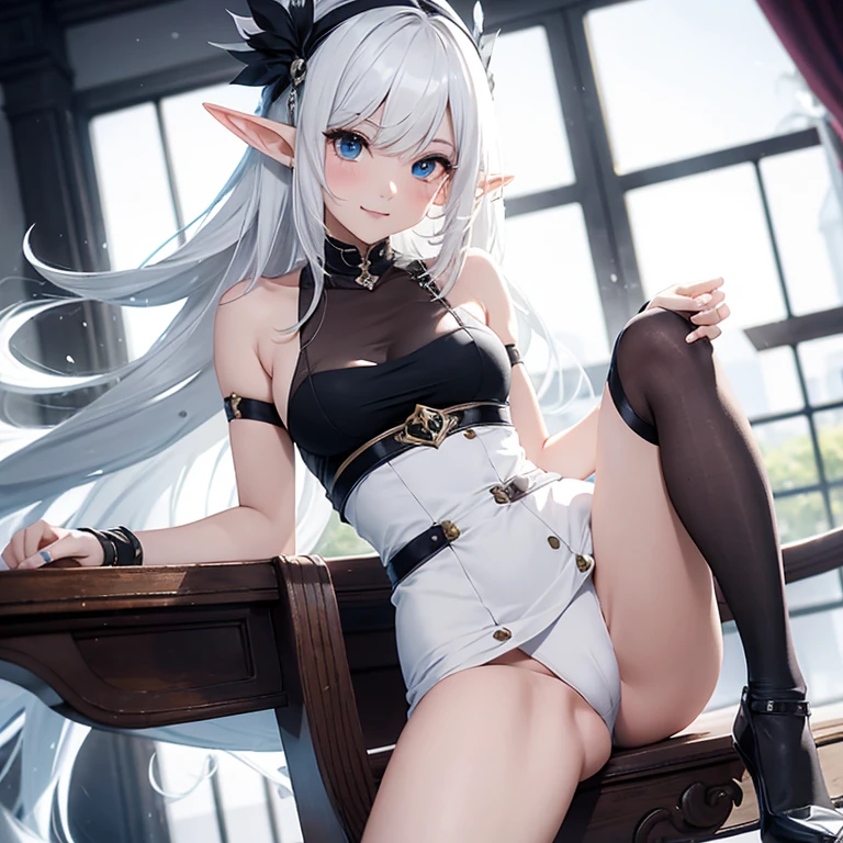 1 elf girl, solo, pelo ondulado y corto, vestido elegante de una realeza de color blanco, de pie, una mano en su cabello, mirando con lujuria al espectador, turning his head to the side and leaning down slightly while biting his lower lip smiling and big anime smoky eyes focusing on the viewer., long eyeslashes, 20 year, con un cuerpo femenino flexible, DD size breasts, senos expuestos, pezones en la ropa, pussy in clothes, enfoque de cuerpo completo, muslos medianos, pantimedias apretadas,