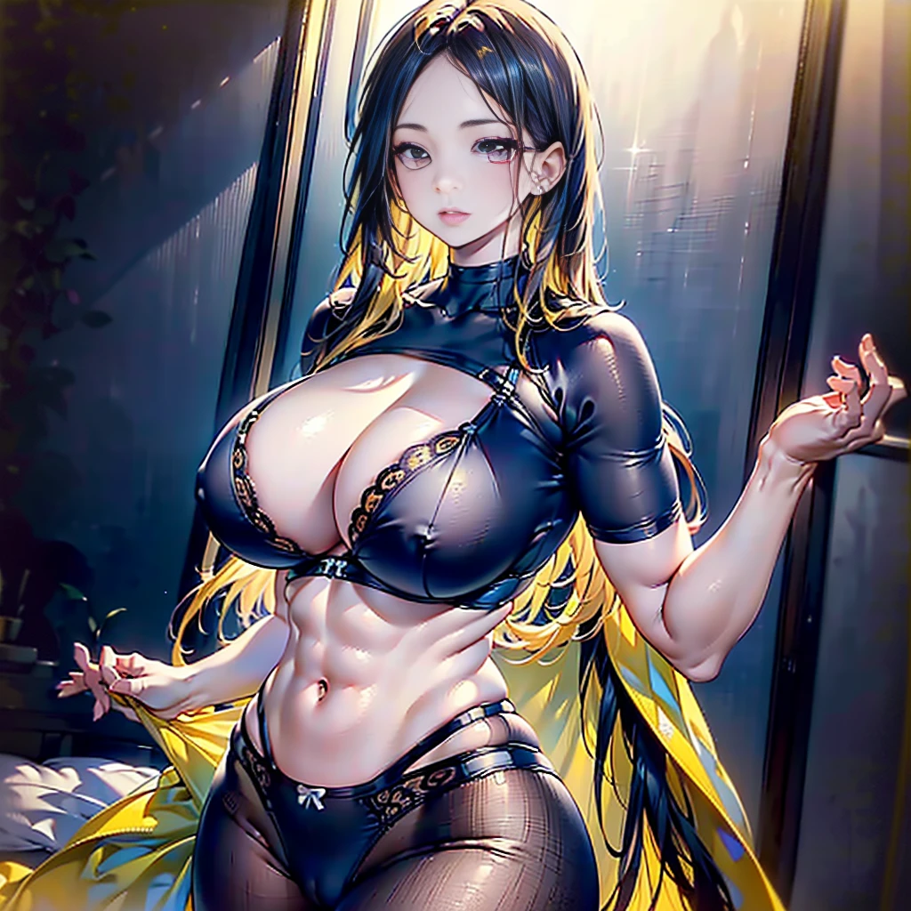 (best quality,4k,8k,highres,masterpiece:1.2),ultra-detailed,(realistic,photorealistic,photo-realistic:1.37),anatomically perfect limbs,yellow long hair,busty,muscular,abdominal muscles,leopard-print underwear,pierced, tall,height, with purple eyes,female,portraits,lit with warm colors.