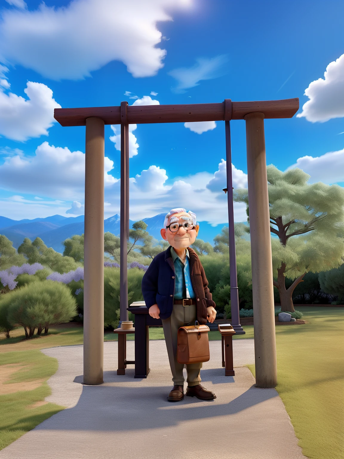 A wise old man standing in front, illuminated by the light of a lamp, against the backdrop of a library