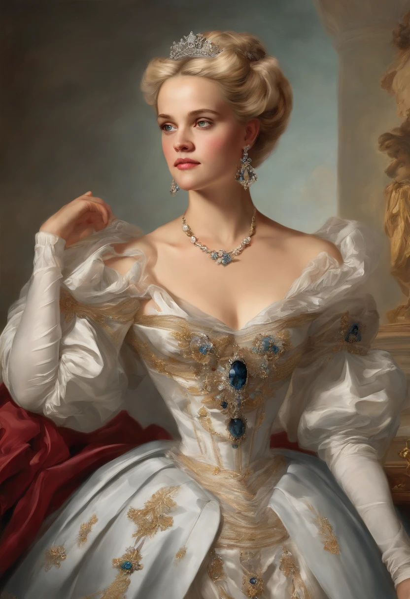 Franz Xaver Winterhalter art, Formal and Official Coronation Portrait, Portrait of a stunningly beautiful young blonde Reese Witherspoon as a Queen wearing A Stately and Elaborate Royal Cinderella Court Gown with (((enormous puffed sleeves))), an hourglass waist, and a (((huge crinoline hoopskirt))) adorned with bows, embroidery, and jewels, long white gloves, pearl necklace and earrings