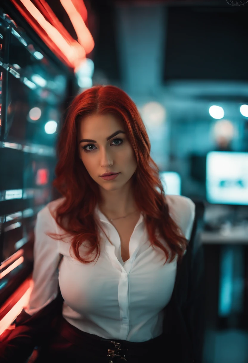 20 years old teen in office, aroused look, red hair, pony tail, busty, big breasts, cleveage, cyberpunk theme, white blouse, short black skirt, black jacket, neon lights
